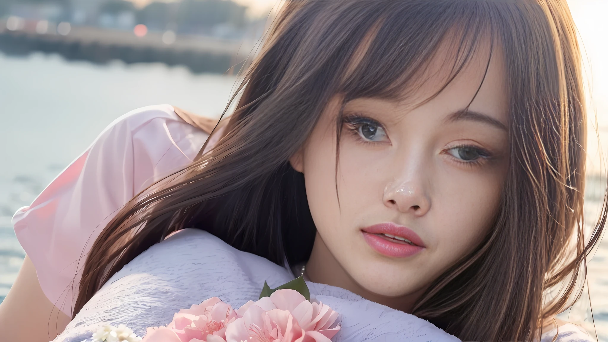 1girl walking on the river, mix4, polo shirt, pillow, lips, open_mouth, realistic, photo_\(medium\), solo, stuffed_animal, stuffed_toy, teddy_bear, (masterpiece), (realism: 1.3), super detailed, (High detail skin: 1.2), (Best quality: 1.0), (Ultra resolution: 1.0), (Ulzzang-6500: 0.3), wavy detail hair, long hair, spring, (beautiful detail makeup), (sexually aroused blush, heavy breath: 1.0), Floral-themed petals scattered, (Soft light bloom: 0.5)