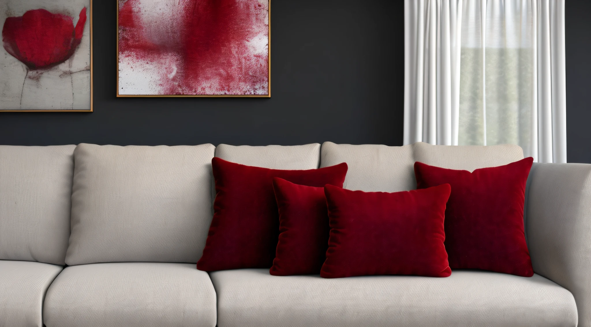 The sofa has 3 dark red short plush throw pillows, matte velvet texture, matte velvet texture, matte velvet, matte velvet, soft and comfortable, HD photography, home photography, 8K, realistic photography, home photography, dark red short plush throw pillow, dark red short plush throw pillow, matte velvet, HD plush detail, low saturation