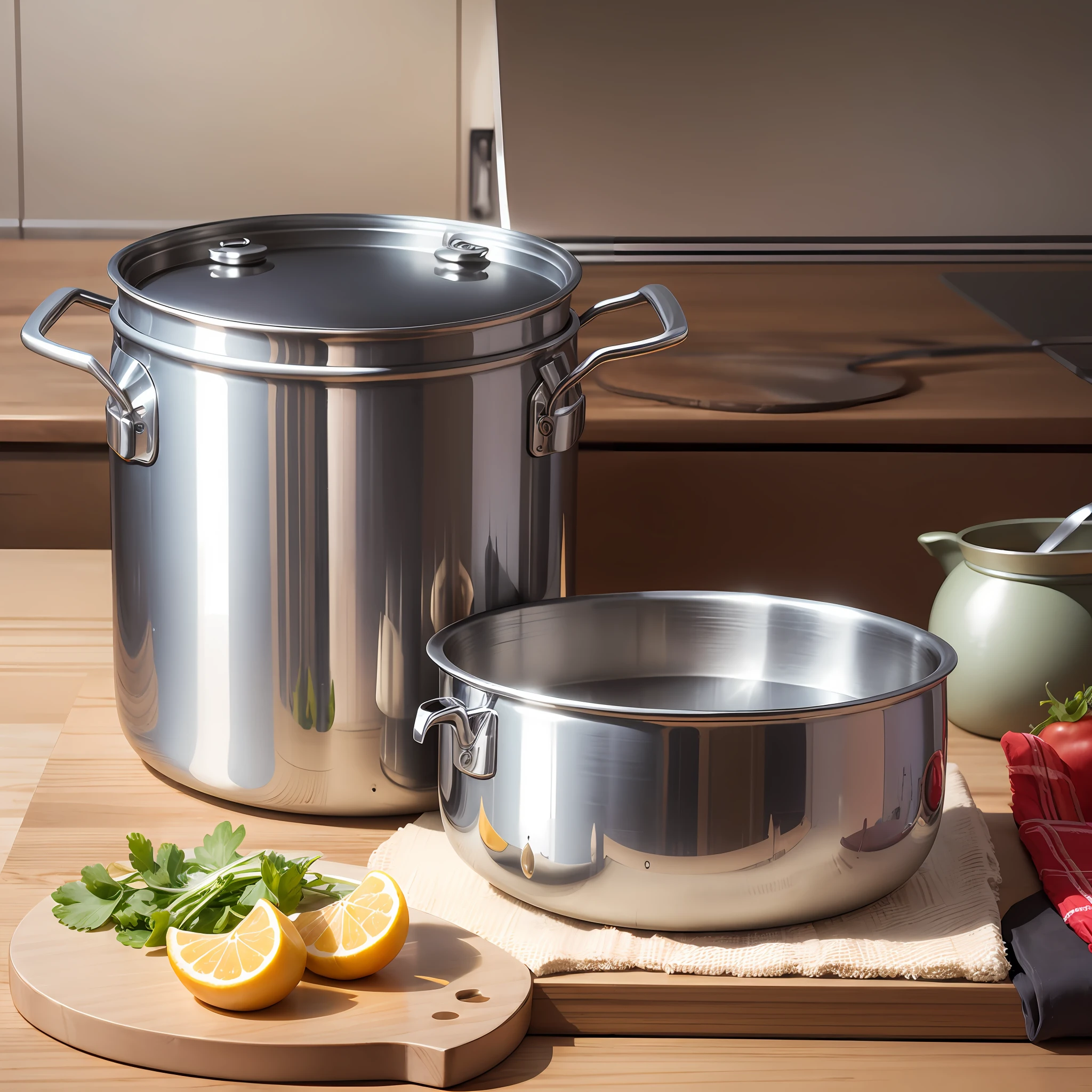 There is a stainless steel soup pot and food on the cutting board, product scene photos, professional product photos --auto --s2