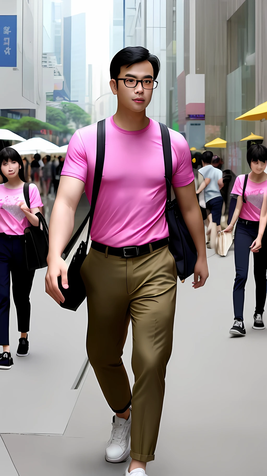 Taikoo Li Pedestrian Street, high-definition, men in glasses hold women's hands, men wearing pink T-shirt khaki trousers, women wearing colorful slip dresses.