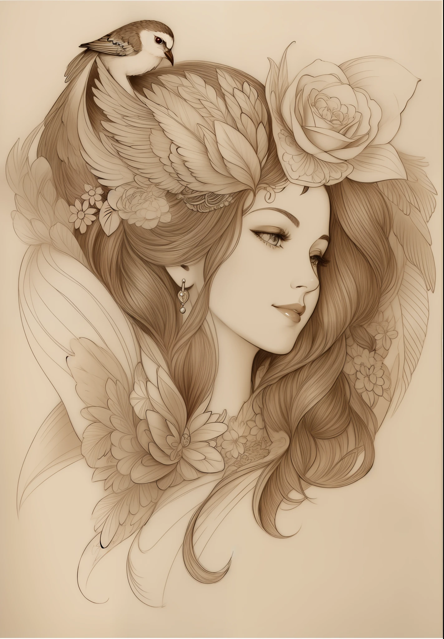 a drawing of a woman with a bird on her head, detailed but rough, tattoo sketch, detailed line work, detailed linework, detailed penciling, dark linework, inspired by J.C. Leyendecker, inspired by J. C. Leyendecker, detailed sketch, tattoo design sketch, linework, ink and pencil, inked drawing, line work