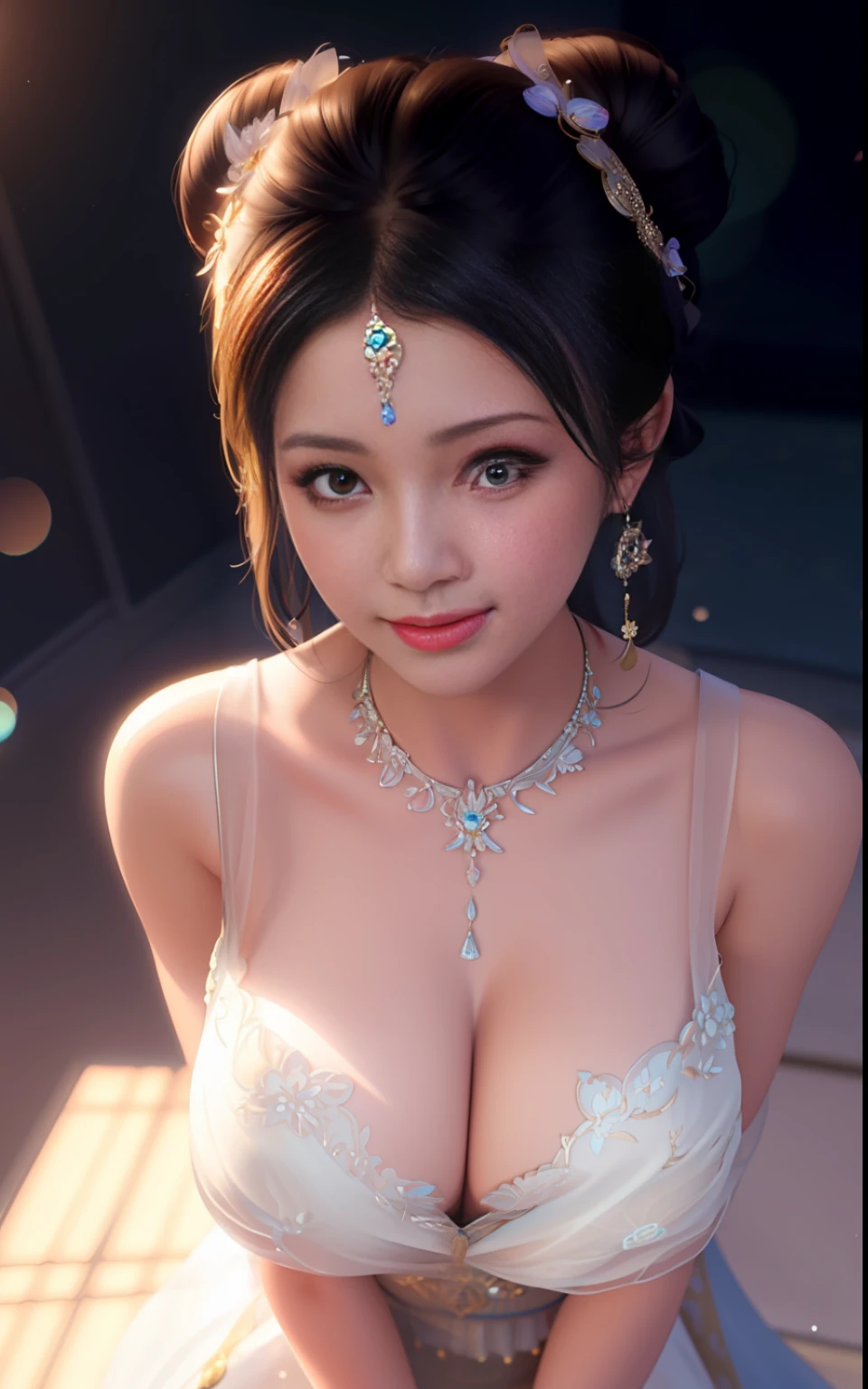 Prompt : seaart.ai

full body shot of sexy smiling javanese daughter wearing a see-through (kebaya) in candi, (extremely detailed CG unity 8k wallpaper),face incredibly detailed, lips, realistic, solo,medium breasts,skin tight, puffy, facial, masterpiece,best quality, Intricate, High Detail, dramatic,