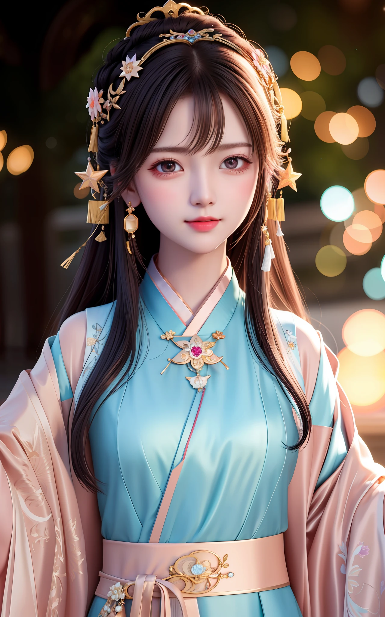 best quality, masterpiece, highres, 1girl,blush,(seductive smile:0.8),star-shaped pupils,china hanfu,hair ornament,necklace, jewelry,Beautiful face,upon_body, tyndall effect,photorealistic, dark studio, rim lighting, two tone lighting,(high detailed skin:1.2), 8k uhd, dslr, soft lighting, high quality, volumetric lighting, candid, Photograph, high resolution, 4k, 8k, Bokeh