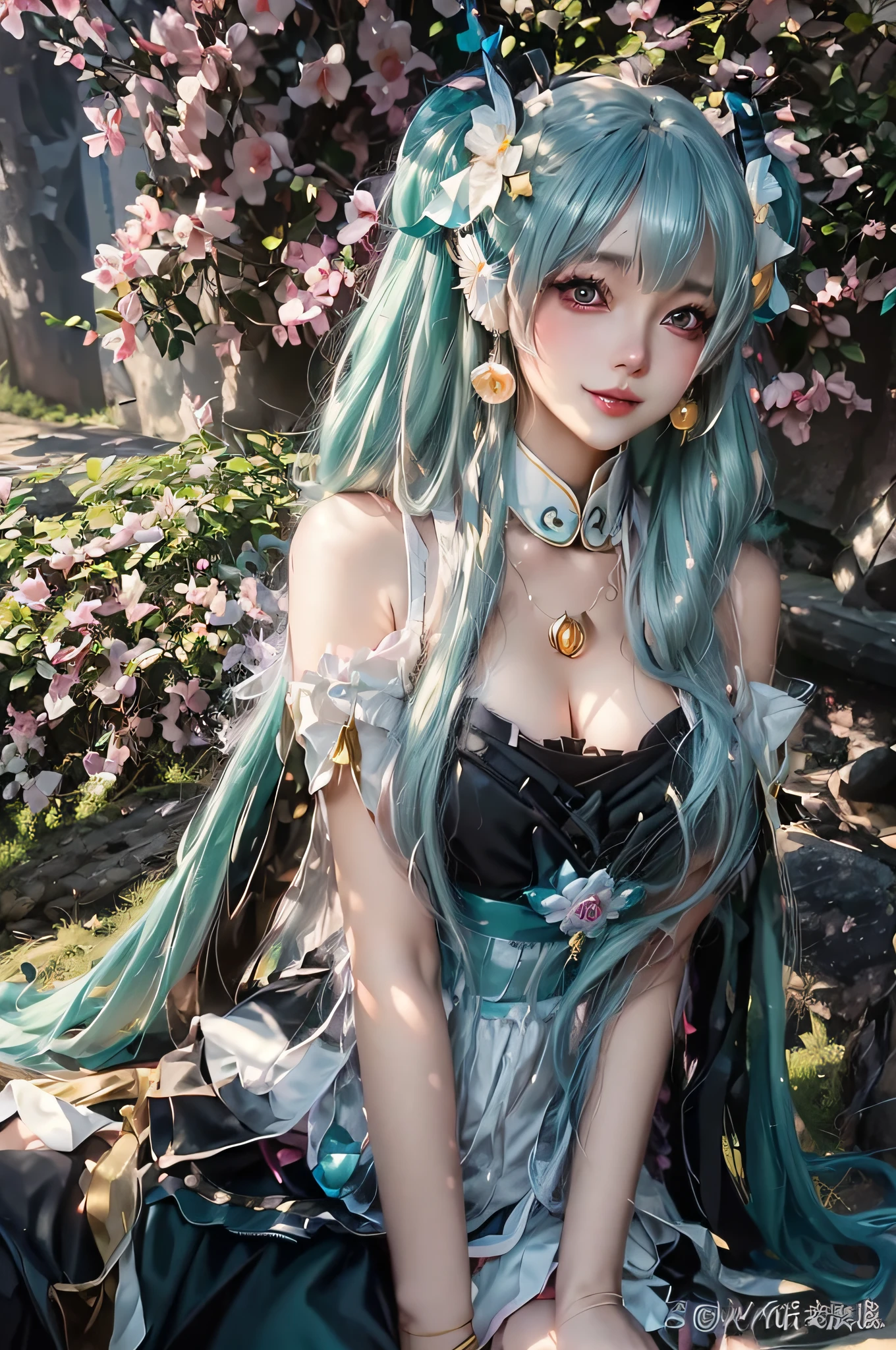 Close-up of a woman in a black maid dress sitting on a rock, anime girl cosplay, anime cosplay, anime girl in real life, hatsune miku cosplay, elegant and charming cosplay, cute anime gaifu wearing beautiful clothes, 8k, trend in CGSTATION, anime goddess, cosplay, beautiful fantasy queen, beautiful anime girl, japanese goddess