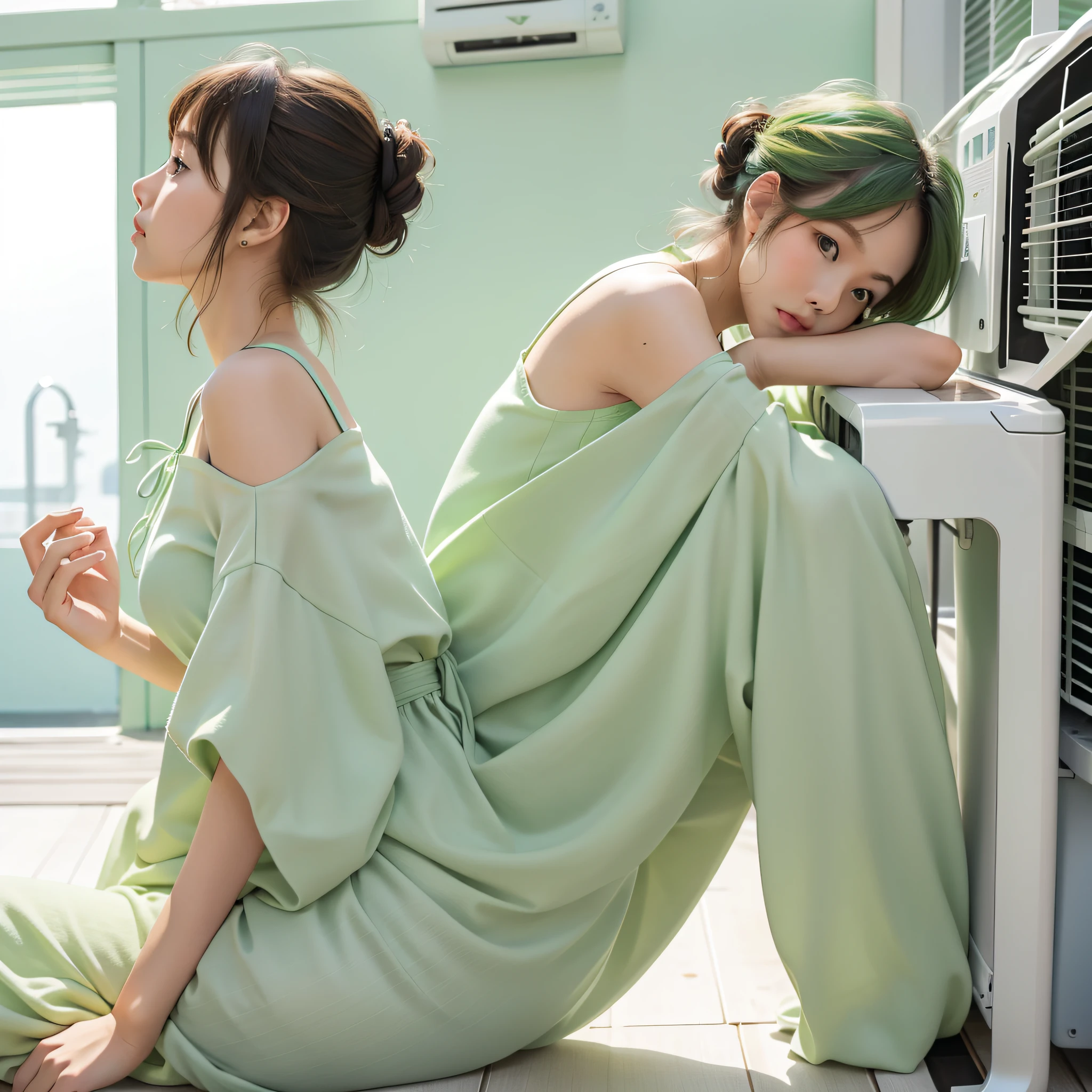 (Side view up, air conditioning breeze, masterpiece), summer, light green color scheme, cool, healthy