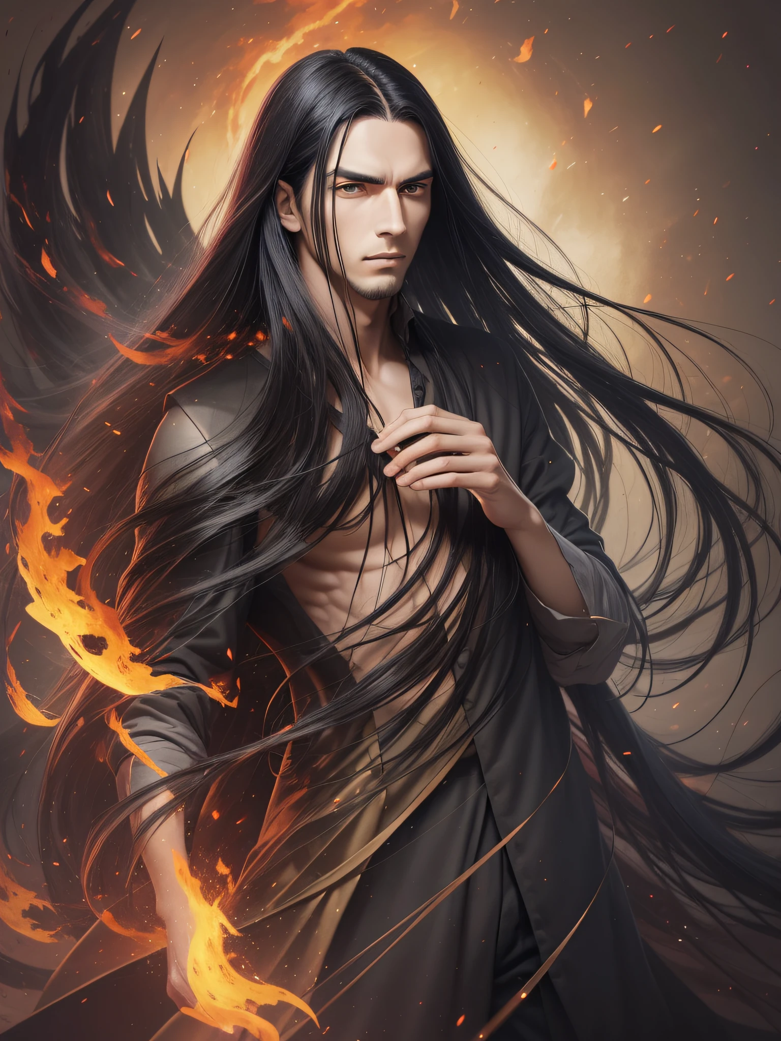 One young man of 30 years old with a thin body and a beautiful full-length face with long black straight hair and yellow eyes in the old style of black long clothes in full growth throws fire from his fingers, an evil serious concentrated expression on his face, thin eyebrows brought together, long eyelashes, a beautiful serious thin face, a straight nose, big eyes, full growth,  Background: Night Burning Forest