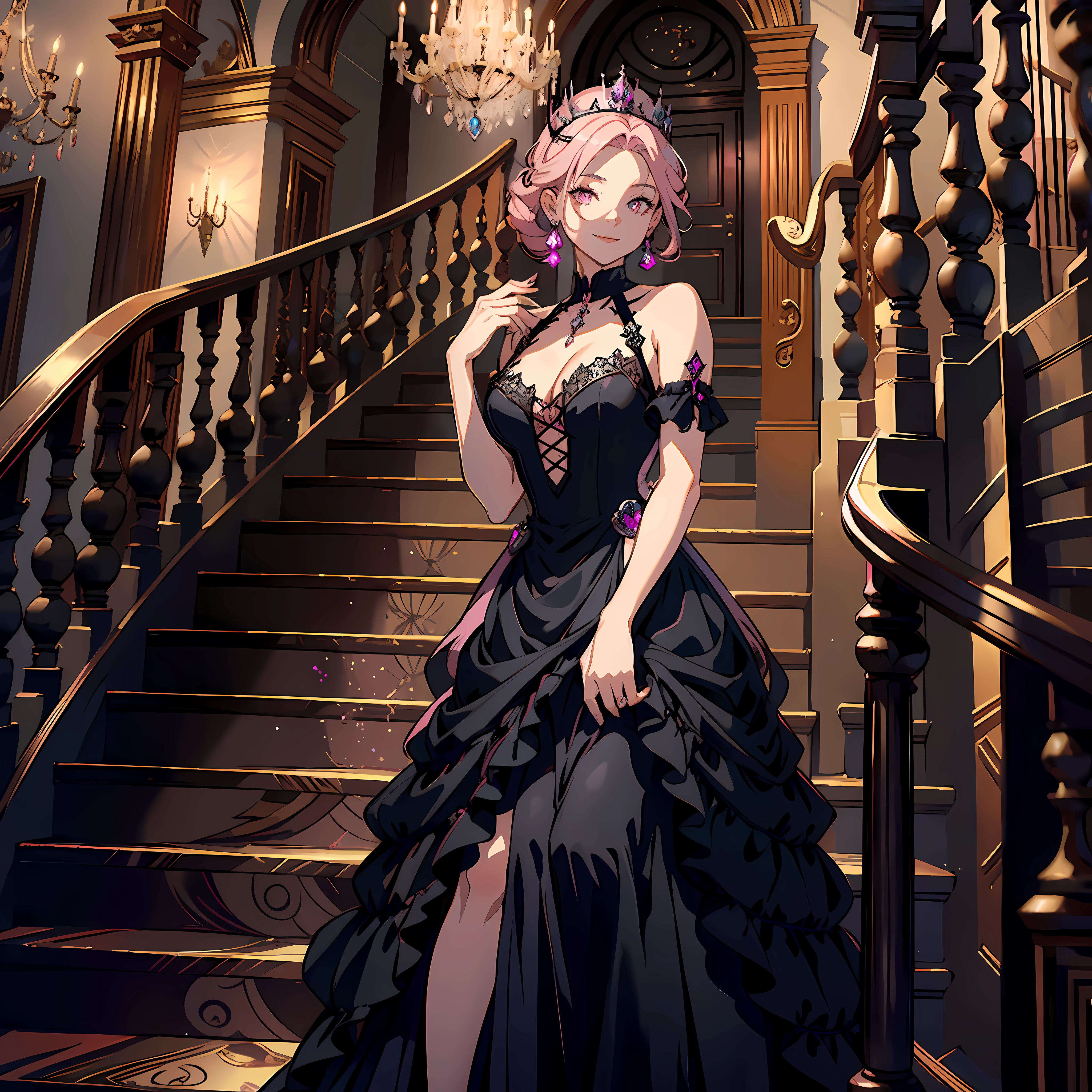 1 woman, black reis dress, mansion, spiral staircase, holding stair handrail, pink hair, crown, heart pupils, crystal earrings, smile, excitement, high detail, super detail, high resolution, best quality, masterpiece, curated, ultra hd
