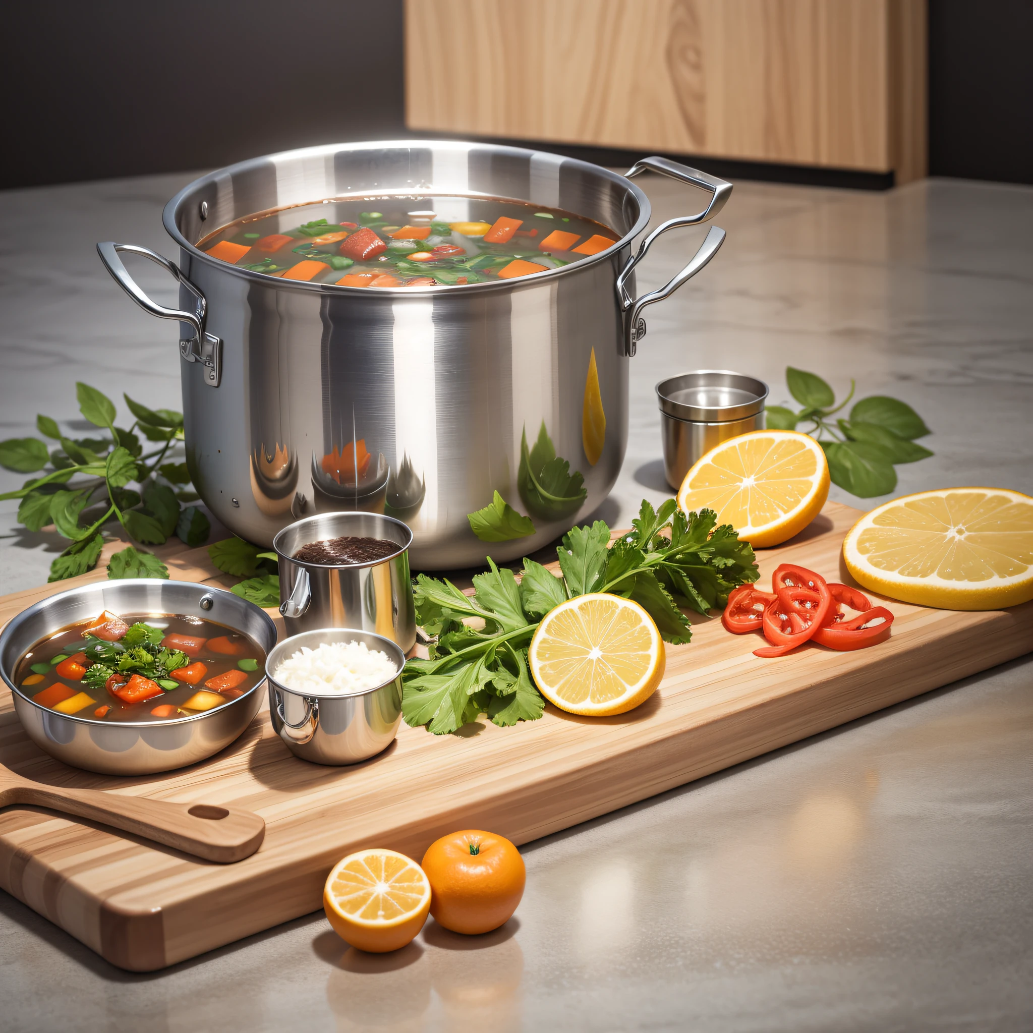 There is a stainless steel soup pot and food on the cutting board, product scene photos, professional product photos --auto --s2