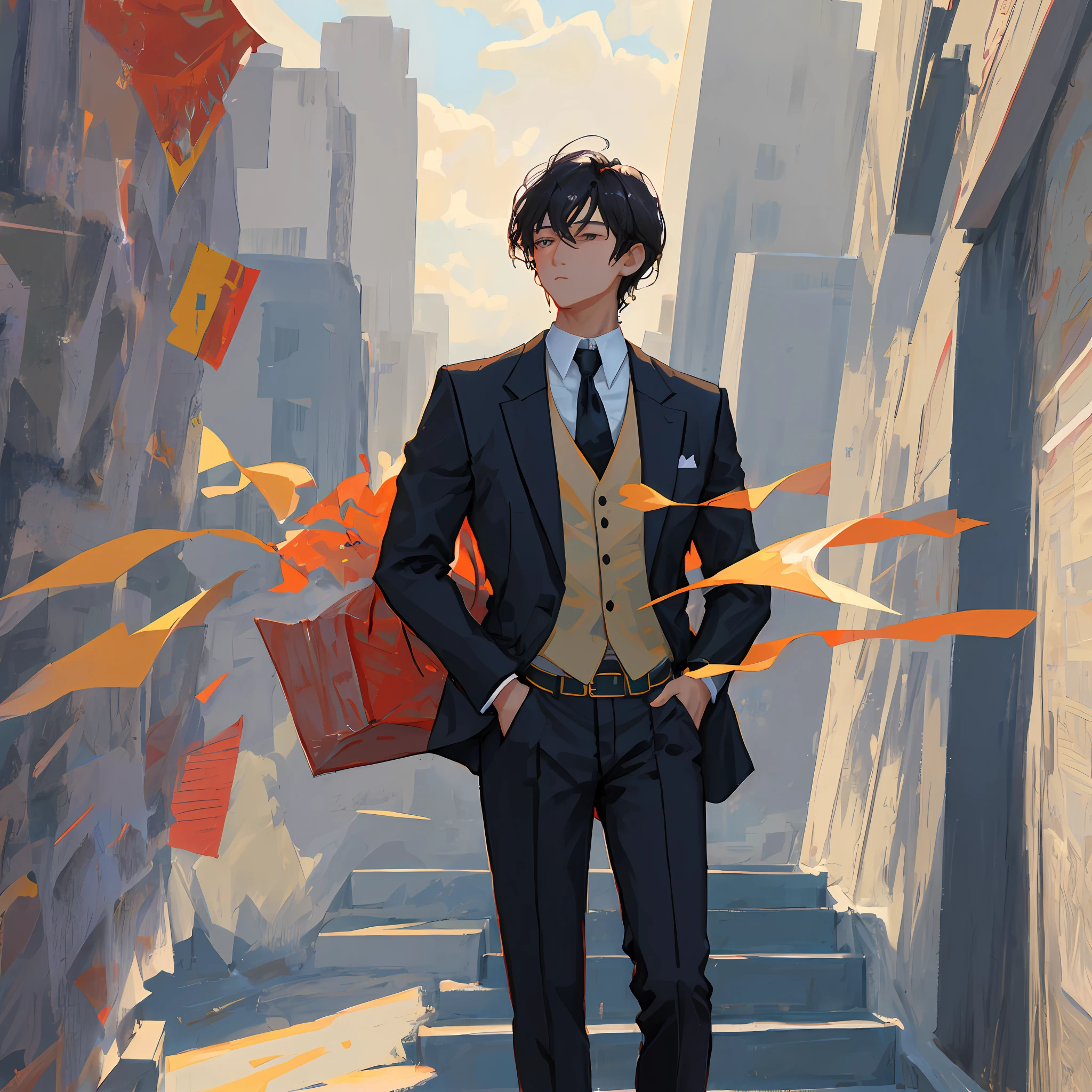 (masterpiece, best quality),1boy,sung Jin woo,two block haircut, wearing a suit and tie,hands in pocket,tall,slim, athletic body,black hair,jet black suit and pants,highest quality digital art, Stunning art, wallpaper 4k,8k,64k, HD, unparalleled masterpiece, dynamic lighting, cinematic, epic, official art for Solo leveling