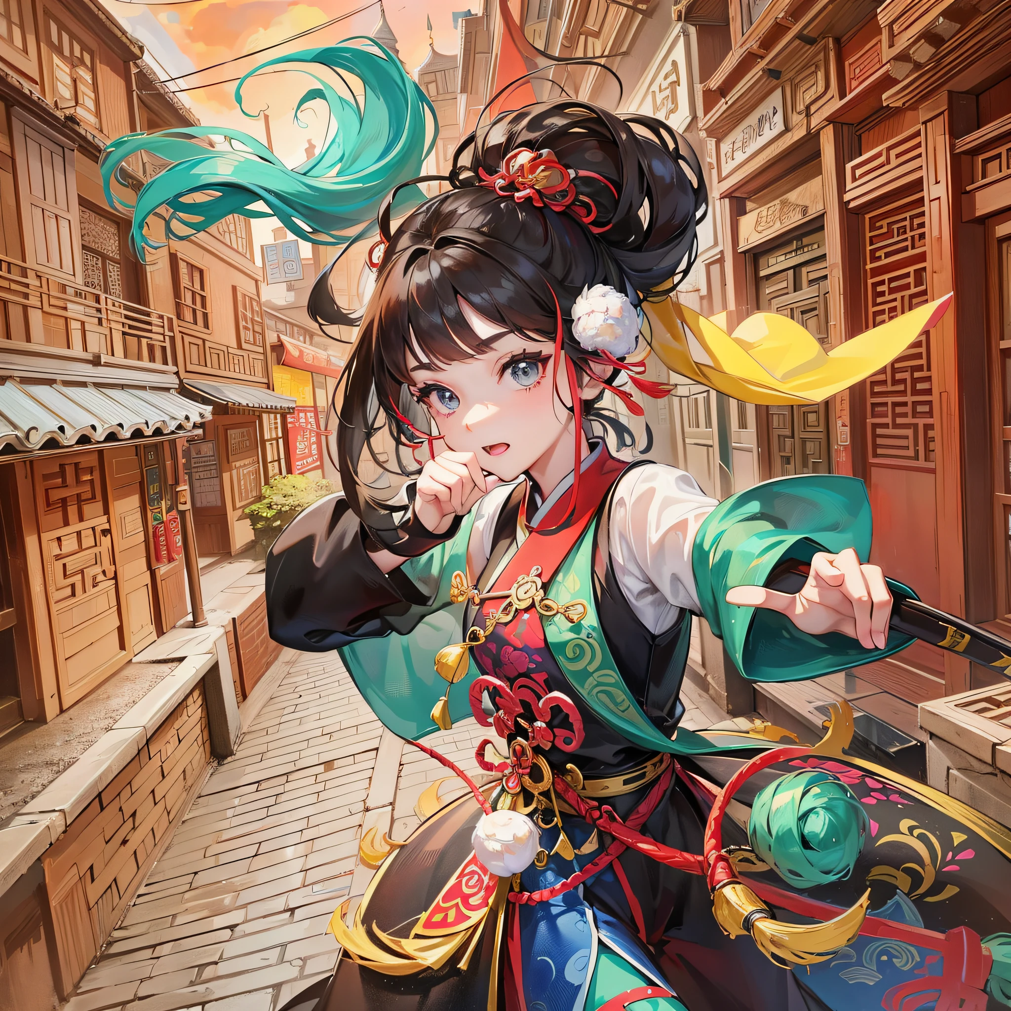 Help out a few pictures of little girl wielding a sword colorful flying, traditional Chinese architectural background, Chinese style, face forward, RTX, dynamic animation, high quality pictures. --auto --s2