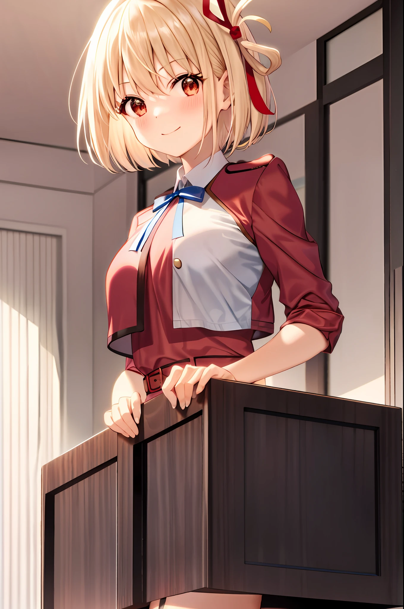 Chisato, 1girl, bangs, indoor, short hair, smile, solo, standing, sexy pose, mediun breast, red uniform, garter straps, stocking, hands behind, red side ribbon, lyrcoris recoil uniform,