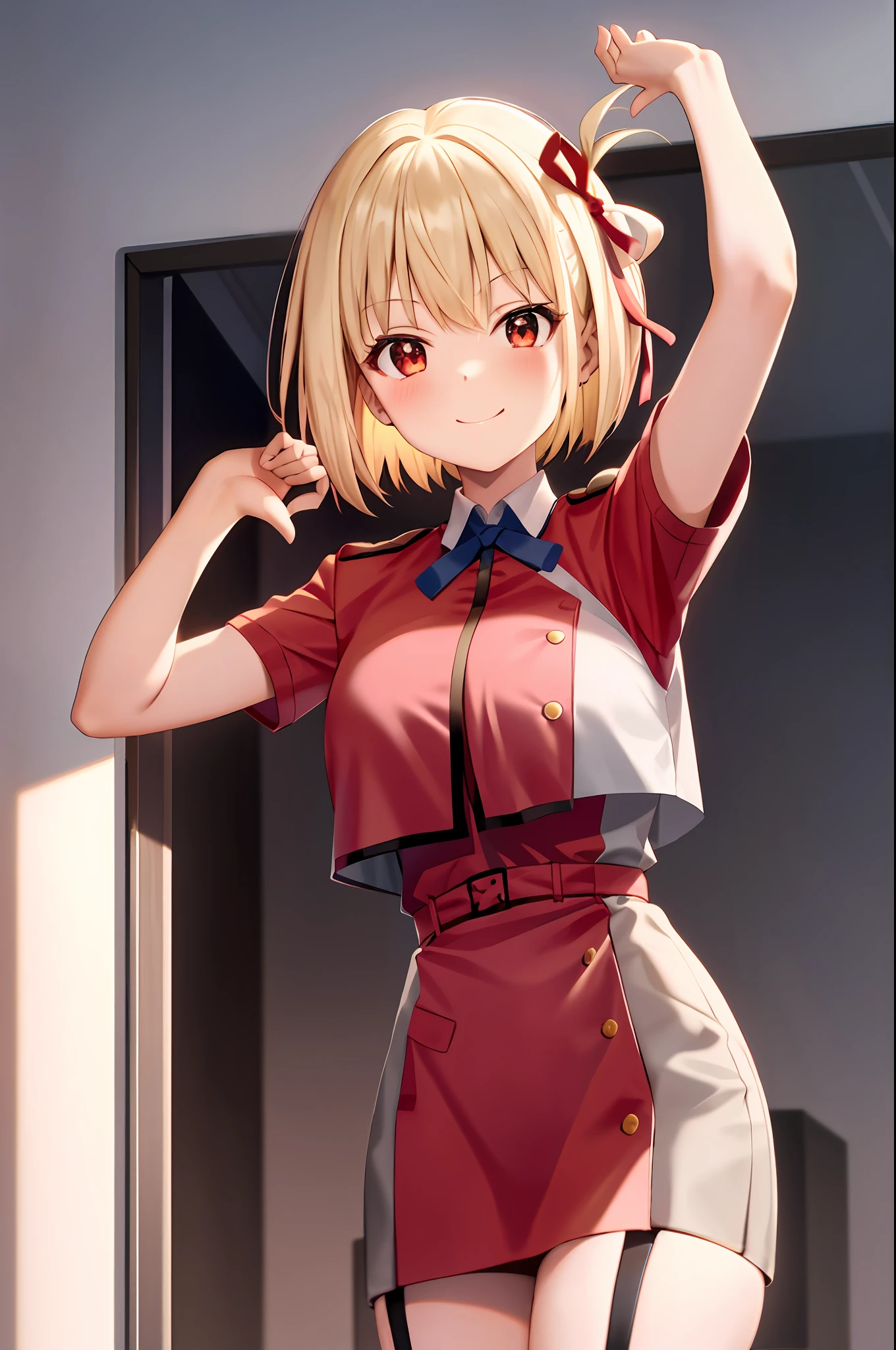 Chisato, 1girl, bangs, indoor, short hair, smile, solo, standing, sexy pose, mediun breast, red uniform, garter straps, stocking, hands behind, red side ribbon, lyrcoris recoil uniform,