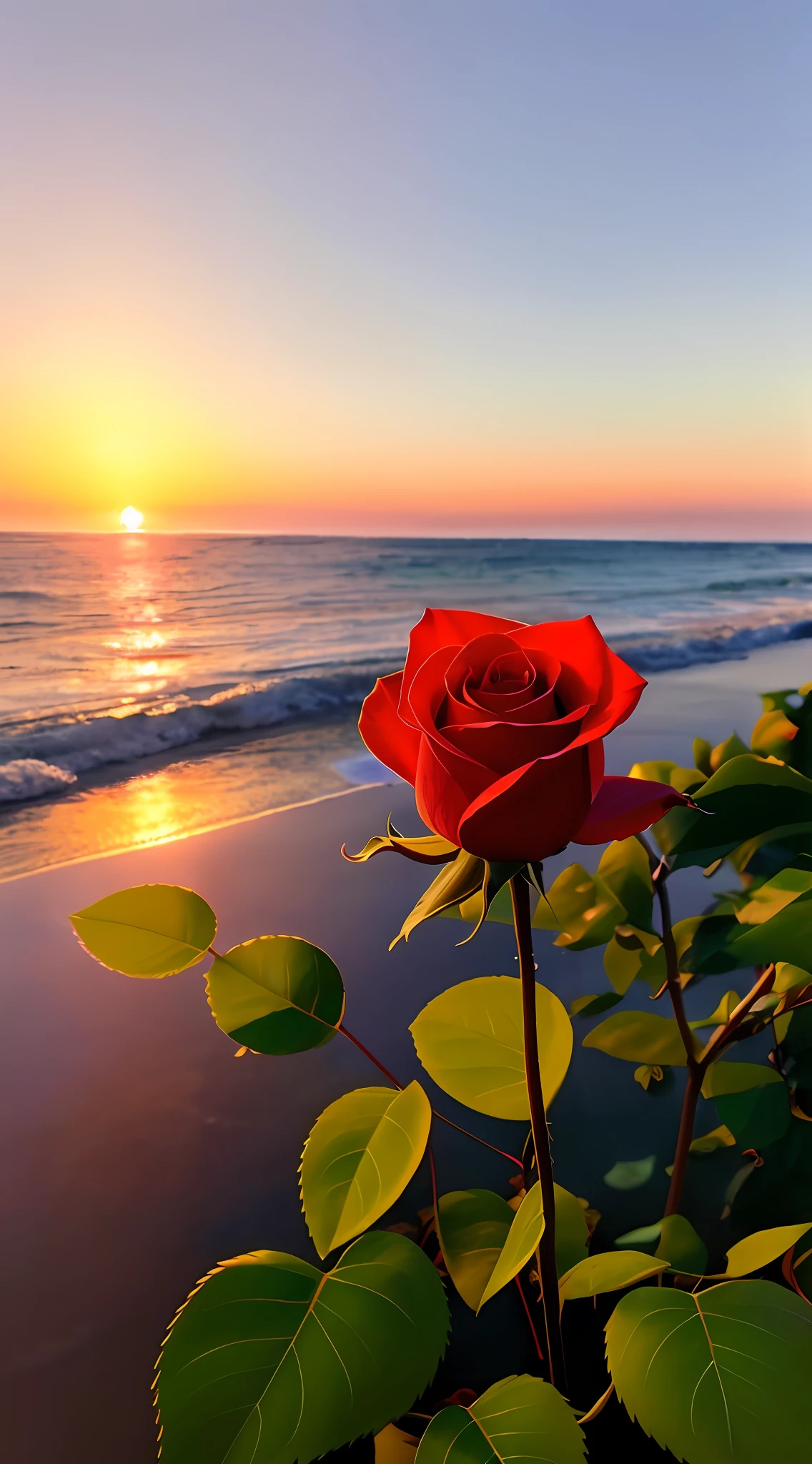 Close-up, a rose, background is a gorgeous morning by the sea, real texture, warmth