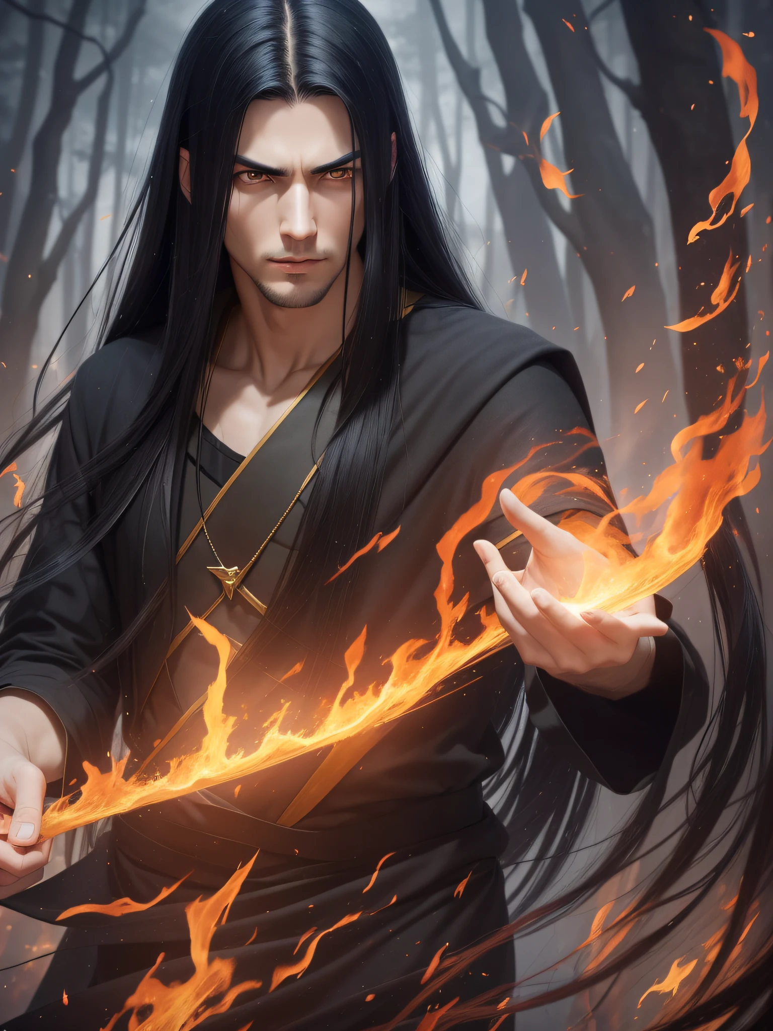One young man of 30 years old with a thin body and a beautiful full-length face with long black straight hair and yellow eyes in the old style of black long clothes in full growth throws fire from his fingers, an evil serious concentrated expression on his face, thin eyebrows brought together, long eyelashes, a beautiful serious thin face, a straight nose, big eyes, full growth, Background: Night Burning Forest
