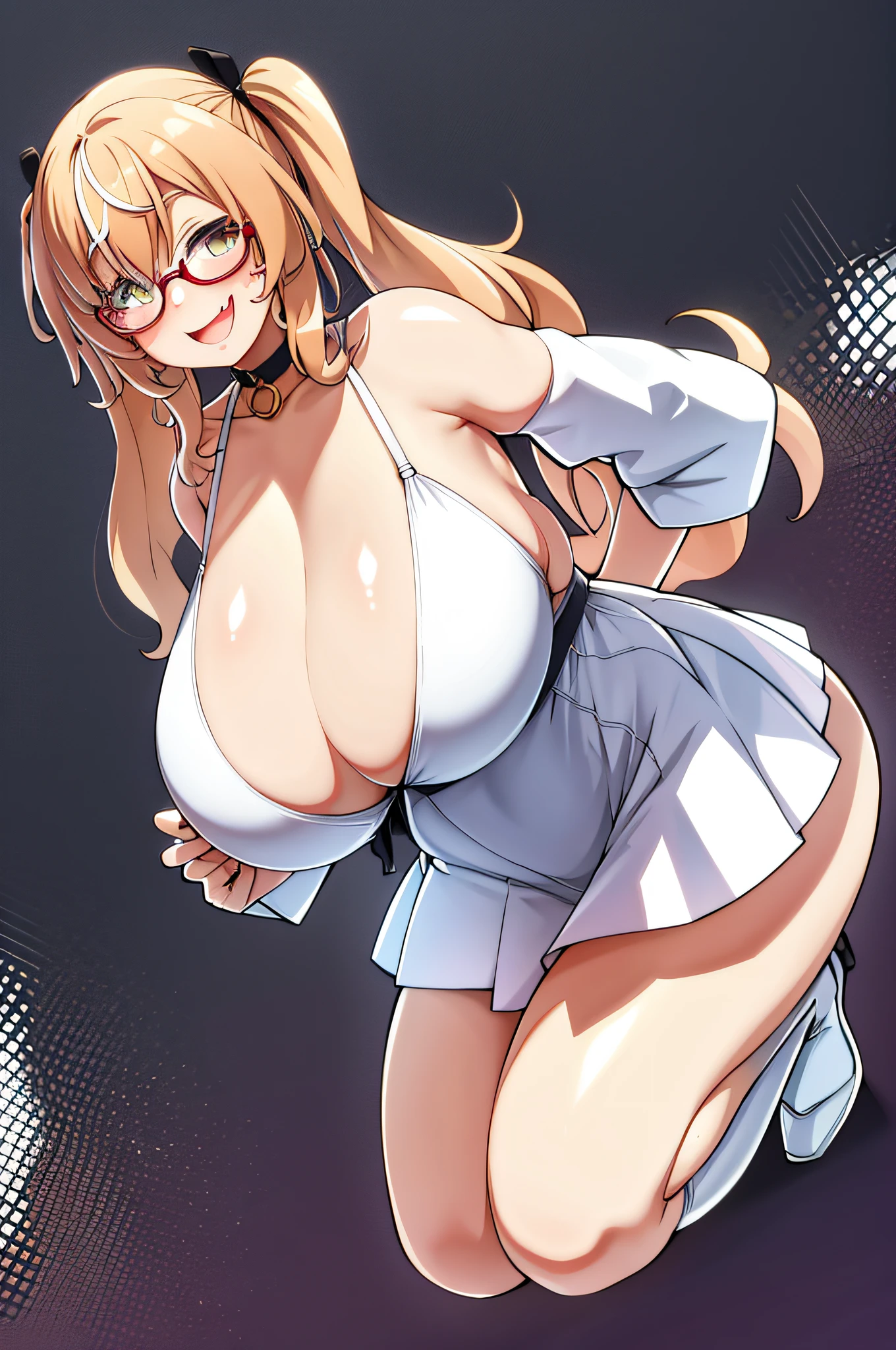 1girl, solo, long hair, glasses, blonde hair, (((giant breasts: 1.3))), large breasts, twin tails, (thighs: 1.2), heavy blush, (thick thighs: 1.3), heavy blush, wide hips, choker, heavy blush, (happy: 1.3), simple background, shiny skin, wet skin, inside, facing the viewer, (cleavage), ((lewd)), best quality, smiling, white dress, open mouth, fang, short skirt, leaning forward, anime girl is crouching,