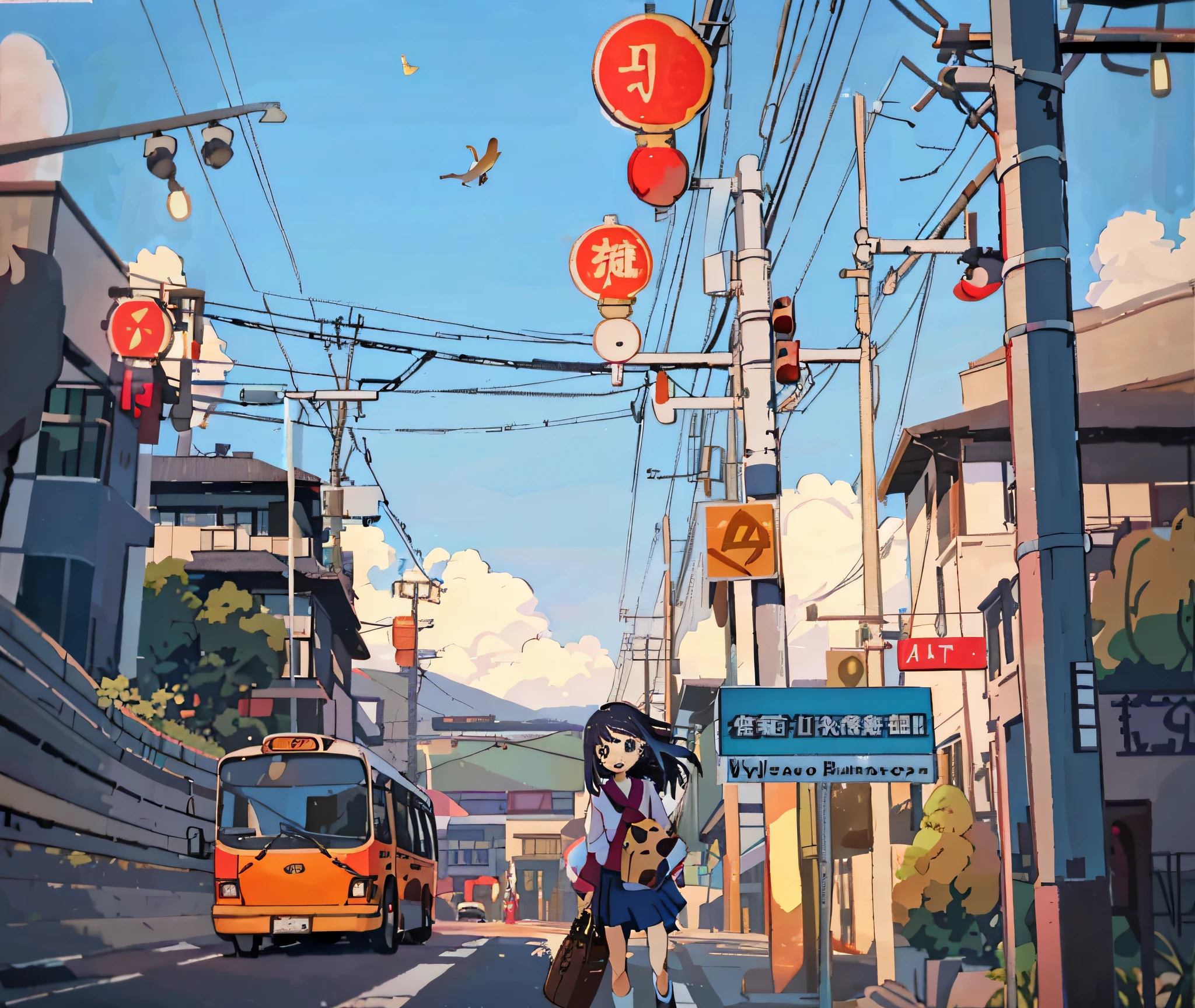 Woman walking down the street in the anime scene, a bus in the background, a café in the background, Loepfe art style, anime style street, Lofe girl, Miyazaki Hayao style, a few centimeters away from my face, ((Miyazaki Hayao)), Miyazaki style, Loepfe, Loepfe art, Kyoto animation style