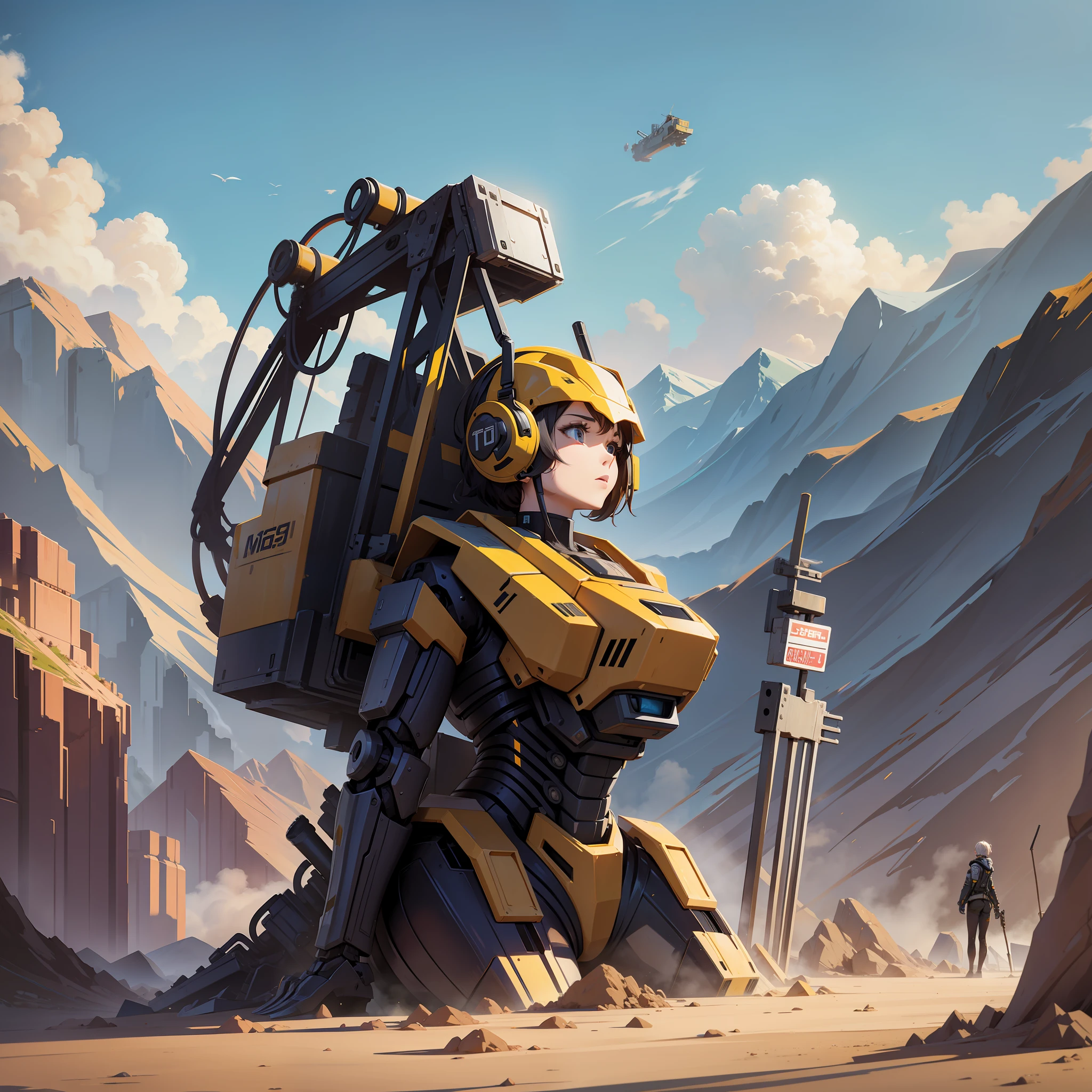 Female mech, excavator bucket, full-body, half-sided, standing
