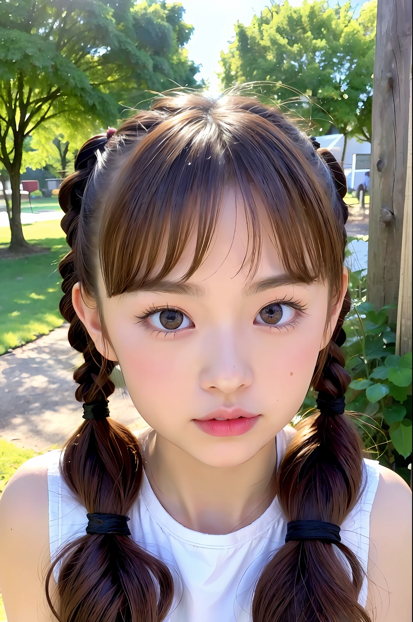 best quality,masterpiece,ultra high res,super fine illustration,light particles,glow,(photo realistic:1.4),1girl,((an extremely cute and beautiful girl)),((highly detailed beautiful face and eyes)),(((Little girl))),((Beautiful Backgrounds)),((A World Full of Light)),(((out door))),(((twin tail))),((ahoge))