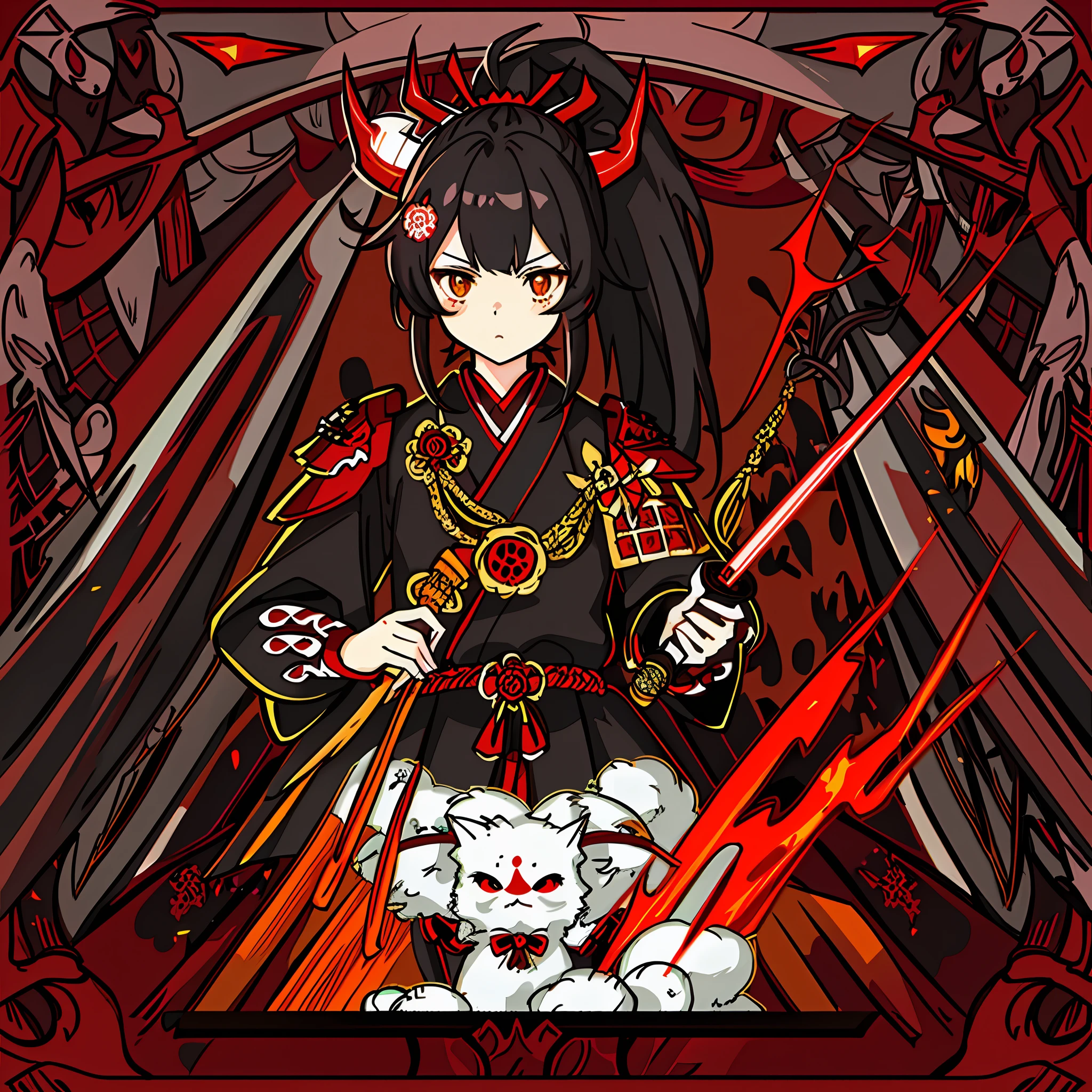 masterpiece,best quality,ultra-detailed,very detailed illustrations,extremely detailed,intricate details,high res,super complex details,extremely detailed 8k cg wallpaper, 1girl, solo, alone, (red_theme:1.3), (black_theme:1.3), (Yokai girl, has 2 Glowing yellow horns, yellow eyes, black hair, ponytail, Black and red samurai armor, holding a sword,