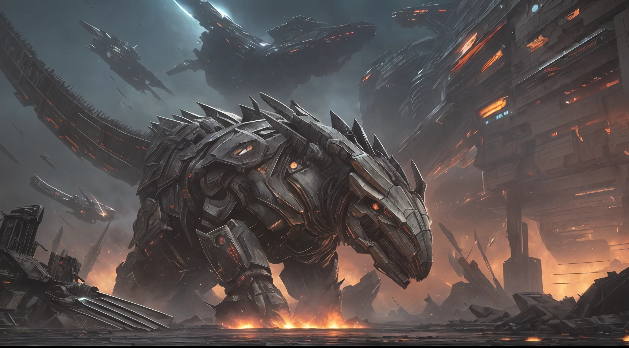 ((big scene, science fiction movie, disaster movie, epic composition)), space city, a group of futuristic warriors wearing exquisite and detailed armor and a mechanical dinosaur fighting fiercely, (strong metallic texture and stimulating light), huge mechanical insects flying all over the sky, engine, hydraulics, neon lights, fierce battle, rainy days in the night, (epic picture), mechanical armor, (movie shots), super clear picture, complex details, complex dark night background ((corpse)), (shabby), (Battlefield)), (Bloodstain), Glazed Tiles, Absurd, Realistic Lighting, (Abyss) Masterpiece, High Quality, Beautiful Graphics, High Detail --auto --s2