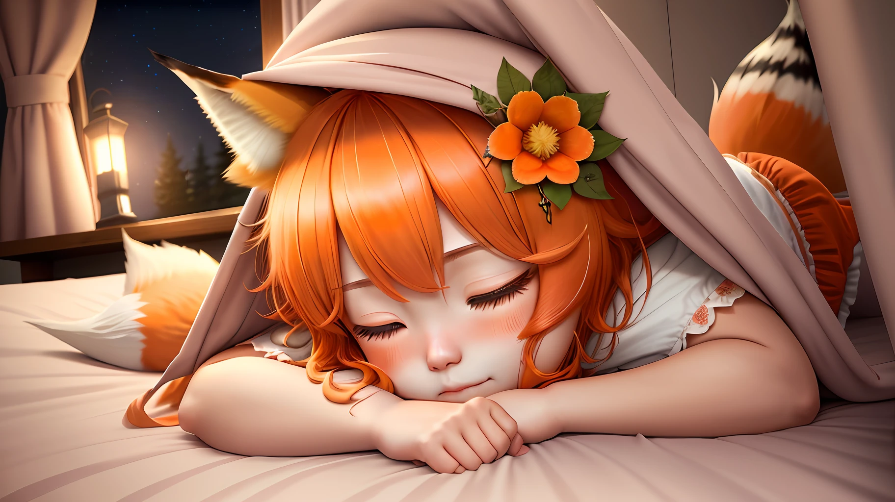 high detail, (photorealistic), realistic, masterpiece, best quality, ((portrait of Senko-san's face The helpful fox )), Senko-sancroptop, detailed face, detailed eyes, (hair flower), (hair ornament), (orange eyes), (orange hair), (short hair), tail, flat chest, sleepwear, miko, sleeping face, eyes half-open, sleeping, innocent, ashamed, blush, cute [pentagram], [lying in bed], [spectator next door],  [blanket between legs], [sleeping clinging], [Big tail], (Serene night) (Shrouded in the blanket) viewer's view: Looking from inside the blanket. global lighting, reality lighting, Unreal Engine rendering, Substance 3D, rendering