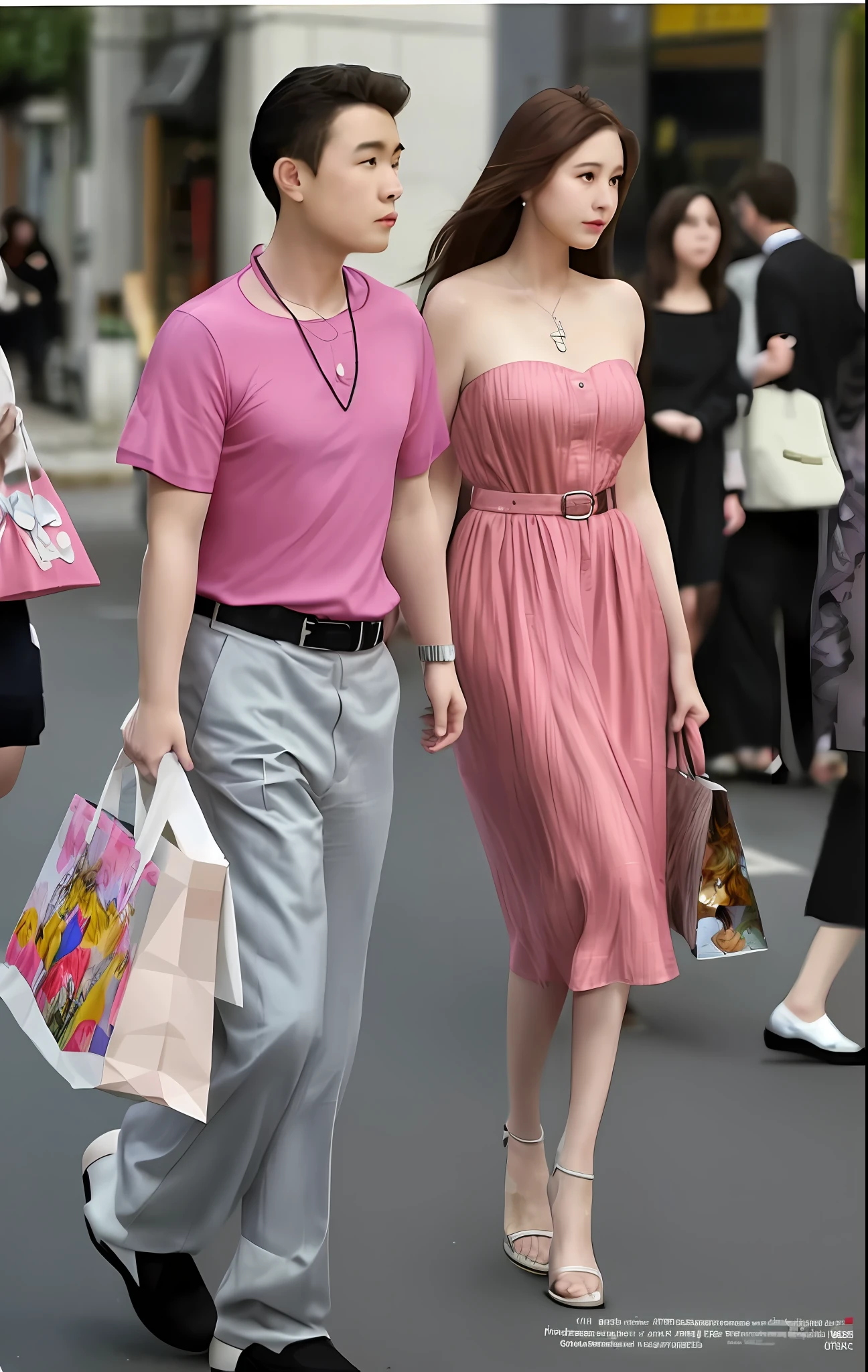masterpiece, best quality, best quality, ultrahigh res9, (comic:1.4), surrounded, multipleothers, dress, walking, 1 middle age manwith glass and pink wear, 1girl with pinkflower dress shirt, bag, breasts, street, pinkdress, long hair, multiple boys, strapless,belt, high heels, bare shoulders, cleavage,black hair, outdoors, crowd, strapless dress,city, pants, handbag, road, holding bag,large breasts, shopping bag, shirt, brownhair, crosswalk, holding, real world location
