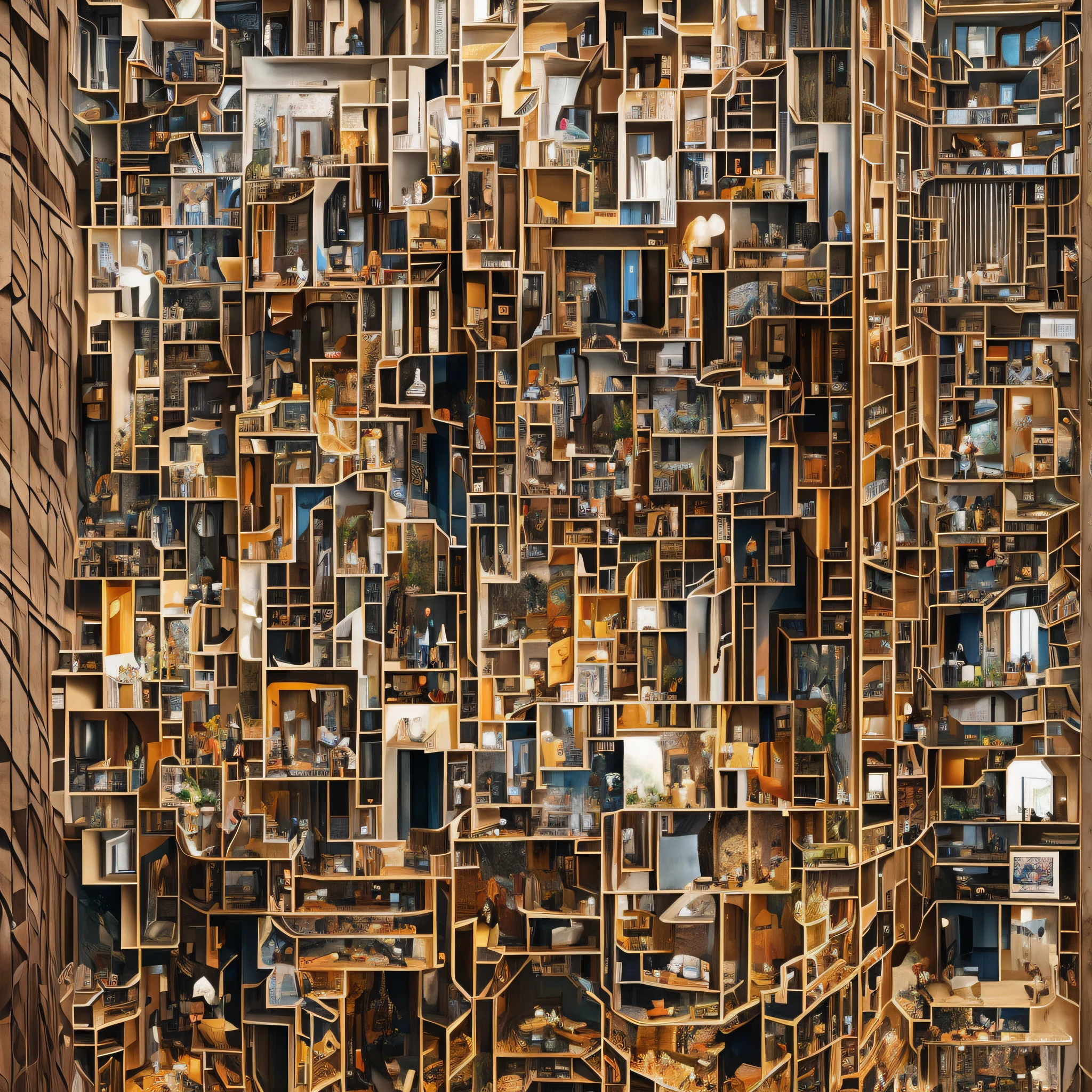 a drawing of many people living in a home, in the style of dreamlike installations, realistic yet imaginative, suspended/hanging, multi-layered collage-like, i can't believe how beautiful this is, spatialism, high-angle,a paper mache sculpture of stair with houses inside the home, in the style of emiliano ponzi, tapestry-like, realistic depictions of everyday life, suspended/hanging, josan gonzalez, pieter de hooch, lush and detailed --ar 3:4 --style raw 50 --auto --s 2 --s2