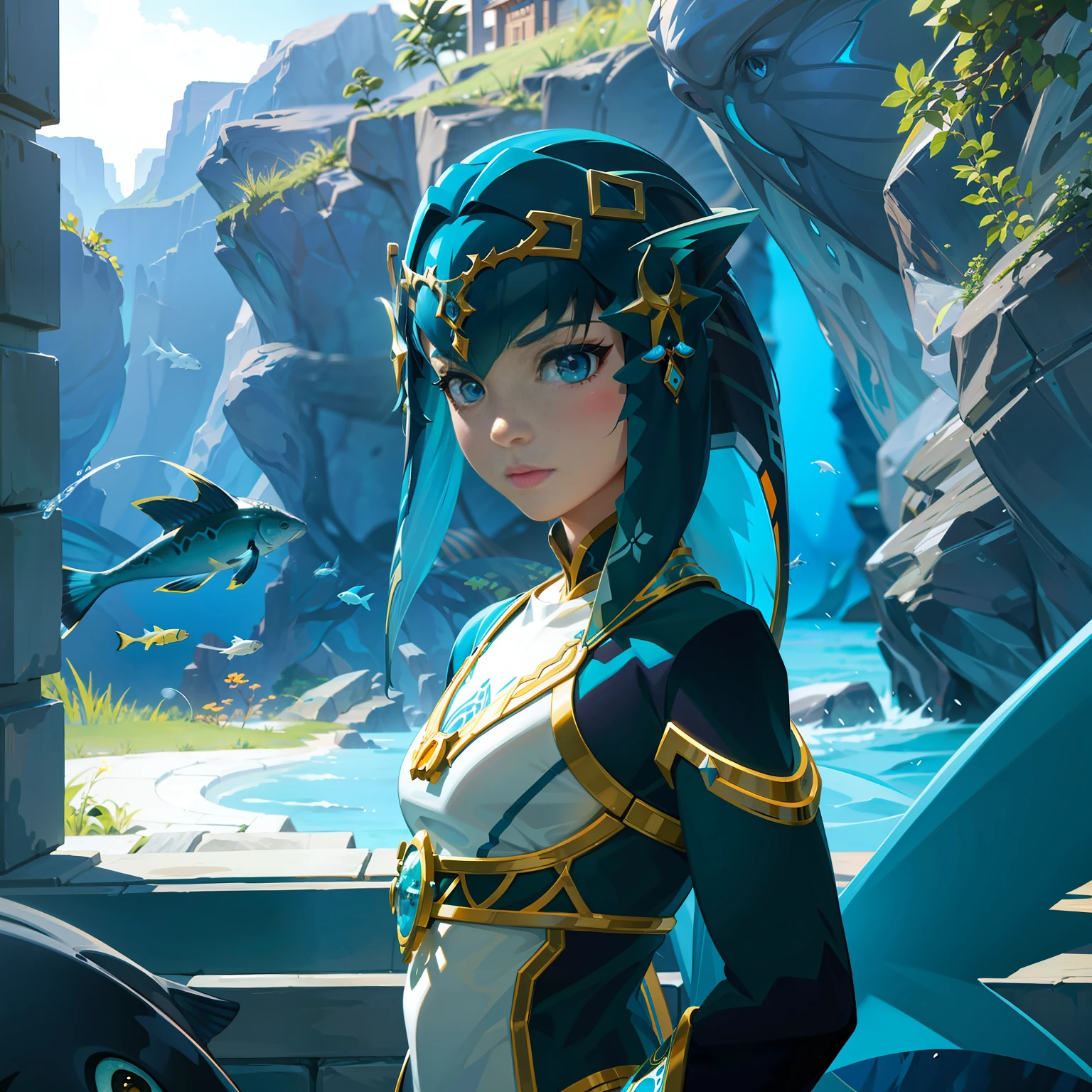 Girl surrounded by fish, close-up of avatar, relaxed expression, oil brush strokes, spirit, anime, decorative painting elements, depth of field lens, 8K, deep eyes, cinematic light.
