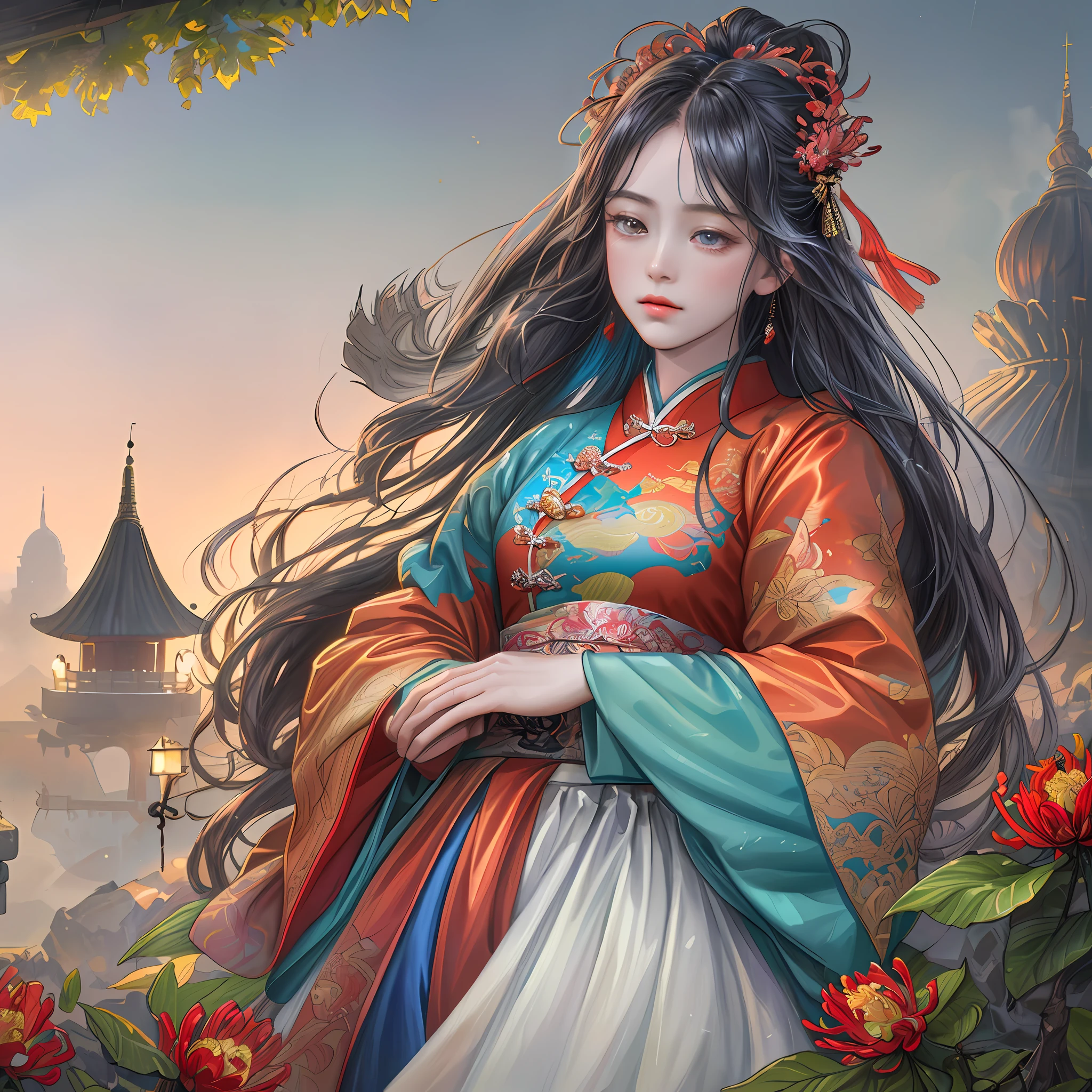 (8k, RAW photo:1.2),best quality, ultra high res,dramatic angle,(fluttered detailed color splashs), (illustration),(((1 girl))),(long hair),(rain:0.9),(hair ornament:1.4),there is an ancient palace beside the girl,chinese clothes,(focus on), color Ink wash painting,(color splashing),colorful splashing,(((colorful))),(sketch:0.8), Masterpiece,best quality, beautifully painted,highly detailed,(denoising:0.6),[splash ink],((ink refraction)), (beautiful detailed sky),moon,highly,detaild,(masterpiece, best quality, extremely detailed CG unity 8k wallpaper,masterpiece, best quality, ultra-detailed),(Lycoris radiata),