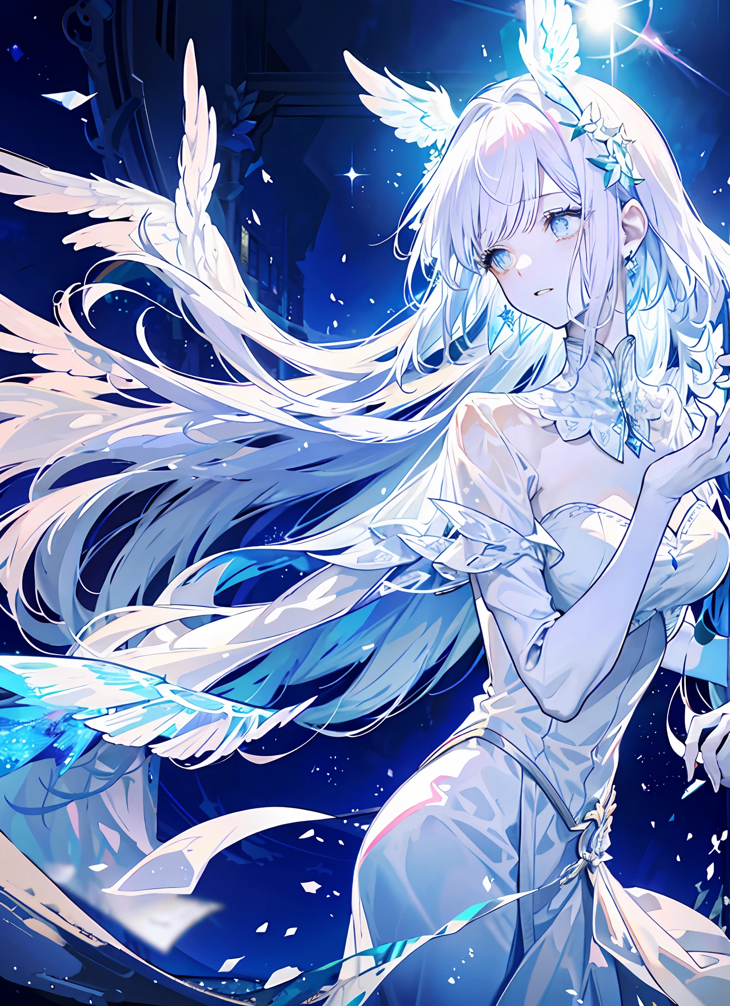 An angel is depicted with a pale and luminous complexion, their skin seemingly glowing with an otherworldly radiance. They are adorned with a pair of sparkling and graceful wings, symbolizing their divine nature. The scene is ethereal and enchanting, capturing the beauty and mystery of these celestial beings. angel, pale, luminous, complexion, glowing, otherworldly, radiance, sparkling, graceful, wings, divine, ethereal, enchanting, beauty, mystery.upper body,