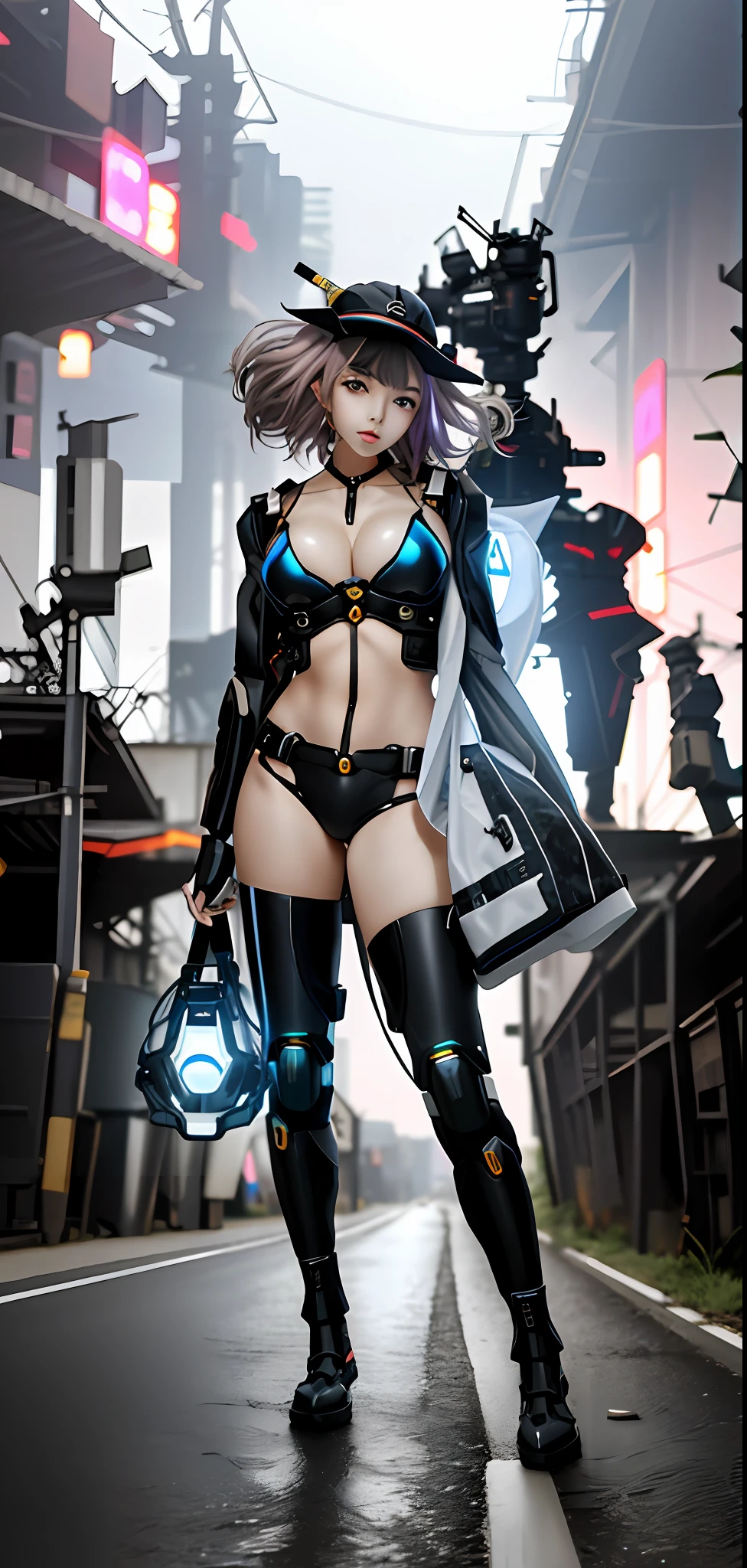 Anime girl with huge breasts posed in futuristic space setting, Gouviz style artwork, cyberpunk anime girl mecha, mecha network armor girl, perfect anime robot woman, Guwiz masterpiece, beautiful girl cyborg, beautiful cyborg angel girl, guvitz, rostellan 8k, digital cyberpunk anime art, guvez in art station pixiv, woman in hat and walking on city street, bag in hand, wearing bikini, long legs