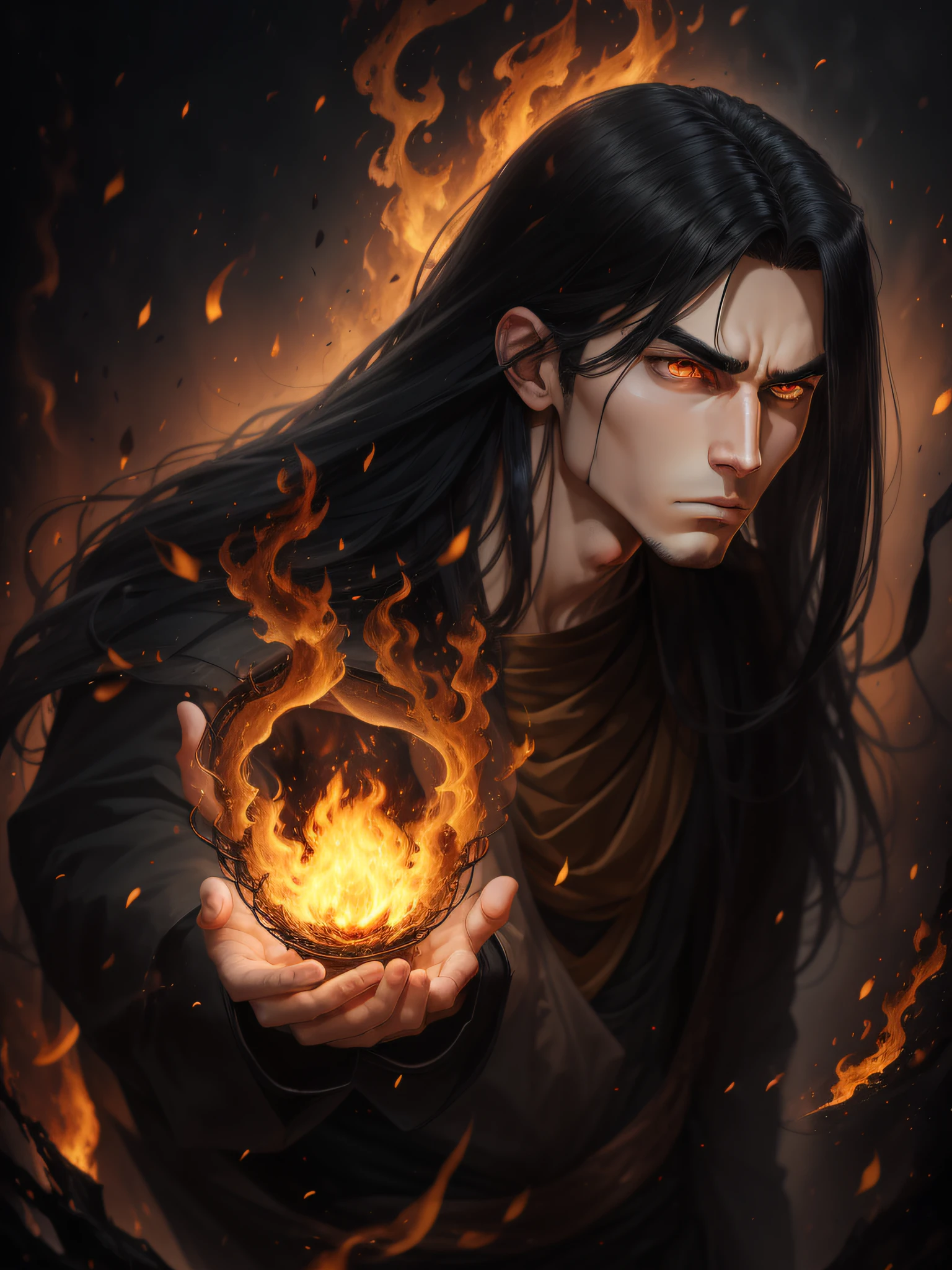 One handsome young man of 30 years old with a thin body and a handsome full-length face with long black straight hair and yellow eyes in old-style black long clothes in full growth throws fire from his fingers, an evil serious concentrated expression on his face, thin eyebrows brought together, long eyelashes, a beautiful serious thin face, a straight nose, big eyes, full-length,  Background: Night Burning Forest