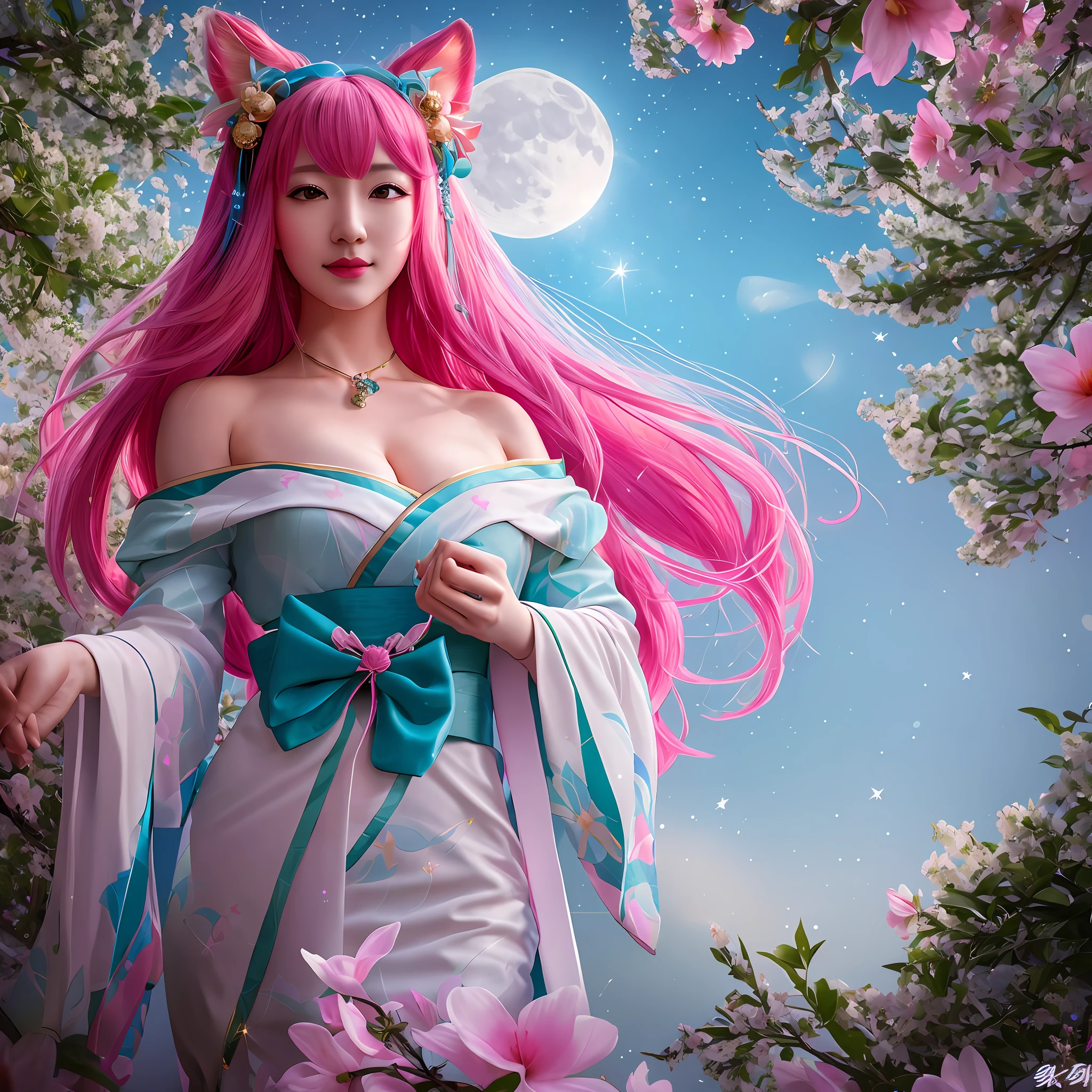 Ridiculous, Masterpiece, Best Quality, (Realisticity: 1.3), (Detailed), (In Frame)), Best Lighting, Best Shadows, Fine Detail, Depth of Field, Bloom, Sparkle, Sparkling Stars, Perfect Lighting, 1girl, Ahri, ahri_\(league_of_legends\), pink_hair, animal_ear_fluff, animal_ears, Bangs, bare_ shoulders, bell, breasts, cleavage, facial_mark, fox_ears, fox_girl, green_kimono, hair_bell, hair_ornament, highres, japanese_clothes, kimono, large_breasts, league_of_legends, long_hair, looking_at_at_ petals, ribbons, signatures, smiles, solo, spirit_blossom_\(league_of_legends\), spirit_blossom_ahri, wang_bu_chou, whisker_markings, (outdoor), ((detailed fancy night), Daylight, beautiful sky, detailed sky, moon, moonlight, starry sky, sparkling stars, whole body