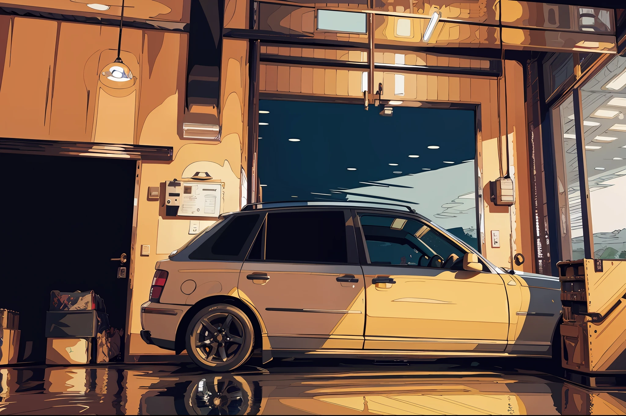 (masterpiece,best quality:1),official art,extremely detailed CG unity 8k wallpaper,illustration, light,car, bright, motor vehicle, ground vehicle, sports car, vehicle focus, wet, indoors, night, flat light,garage, auto shop,1990s \(style\),