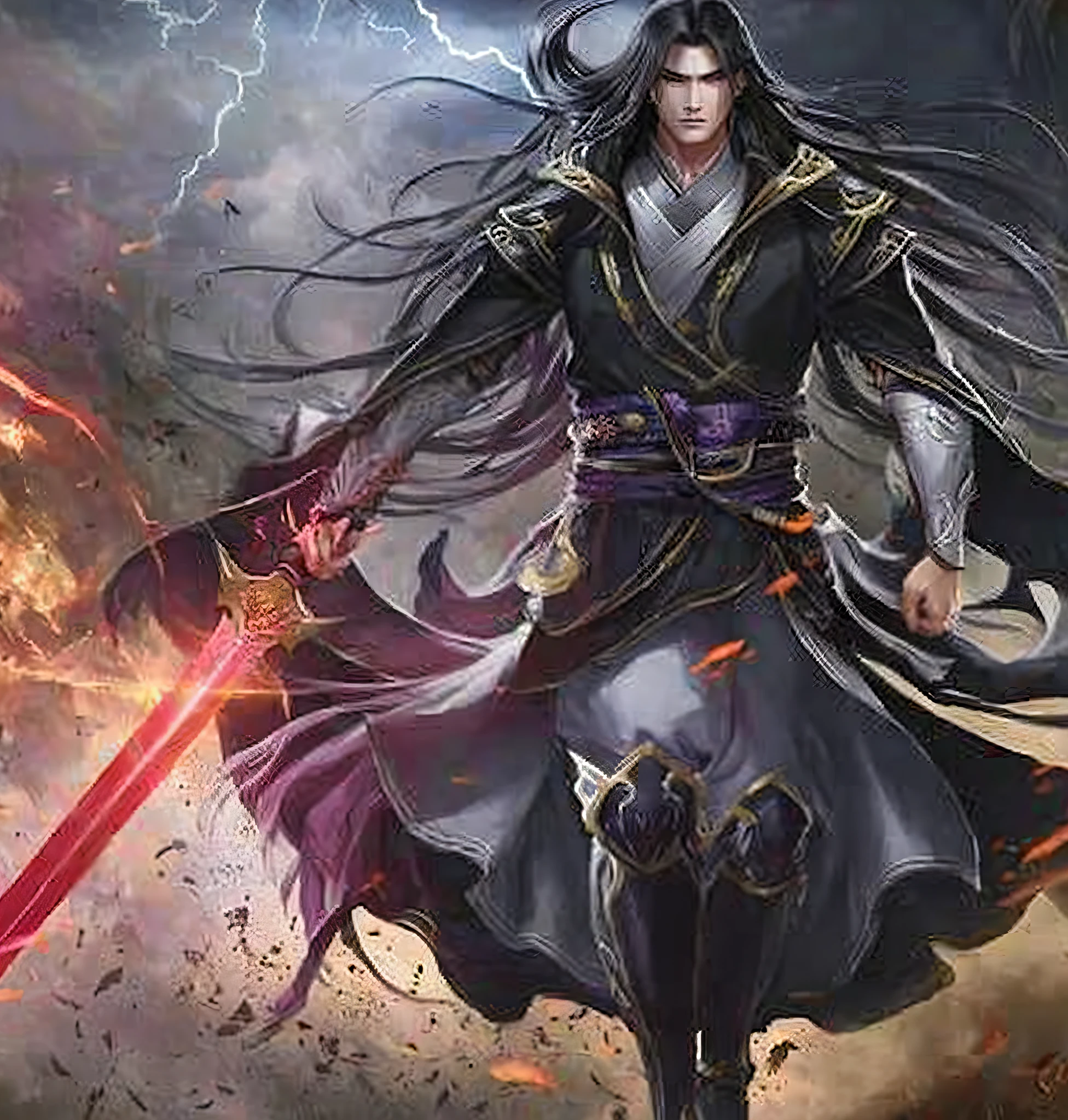 a woman in a black dress holding a sword and lightning, by Yang J, beautiful male god of death, xianxia hero, heise jinyao, inspired by Hong Ren, g liulian art style, full body wuxia, inspired by Fan Kuan, digital fantasy art ), by Ren Renfa, emperor of the known universe