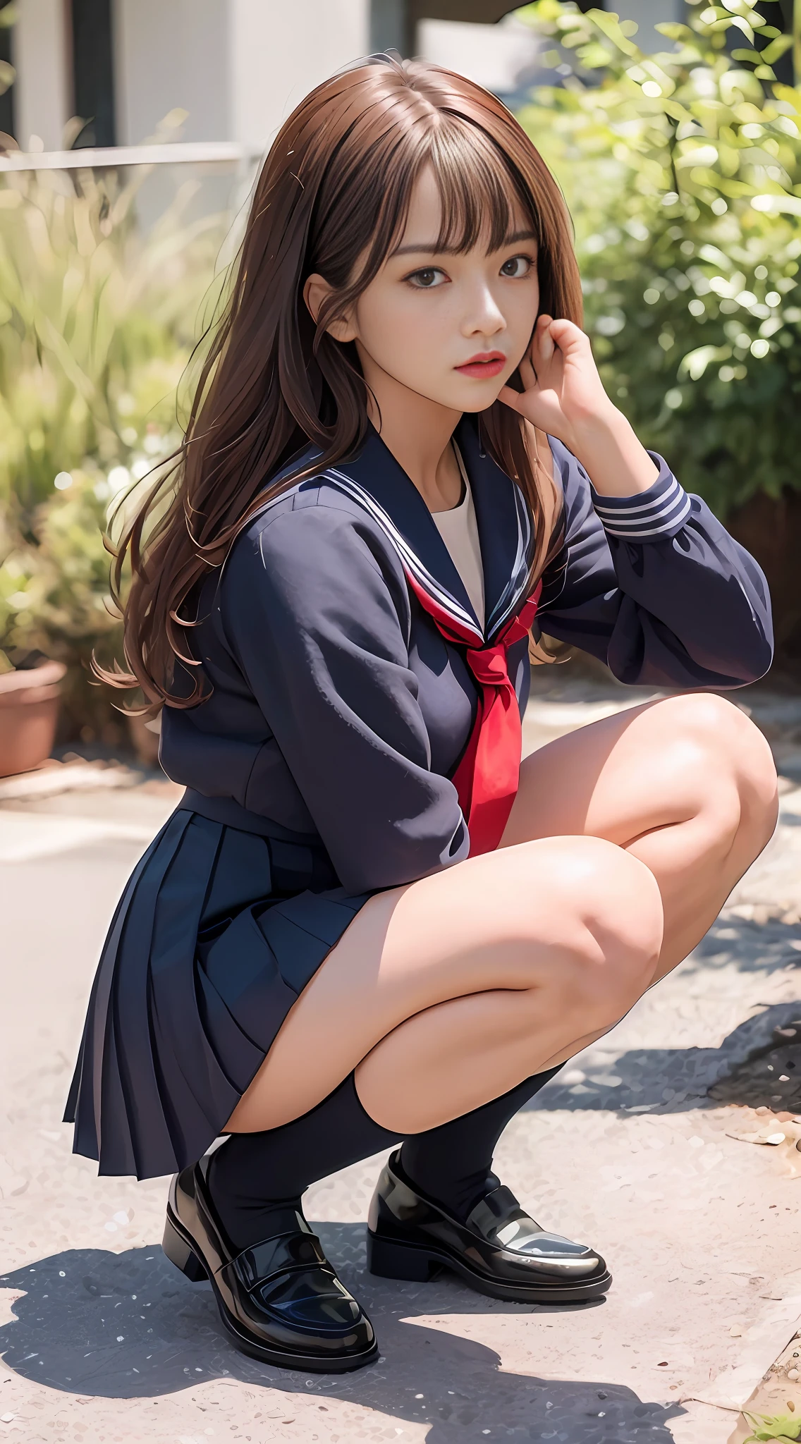 (Top Quality, Masterpiece: 1.2), (One Girl: 2), Japan High School, (Navy Blue Sailor Suit, Navy Blue Long Length Pleated Skirt: 2), (Squatting on the Ground Open Again: 2), (Perfect Legs: 1.5), (Black Loafers, Black Stockings: 2), Very Cute, Behind the School, Bad, Vulgar, (Glaring at Brutal: 1.2), From the Front, (Showa Bad: 1), ( Light brown-red hair, bangs, long curly hair), (fighting, menacing, intimidating), (perfect face, perfect body, perfect outfit, perfect anatomy: 1.5), (photorealistic: 1.3), ultra detailed, (high detail skin: 1.2), (highest quality: 1.0), (super high definition: 1.0), cigarette butts, garbage