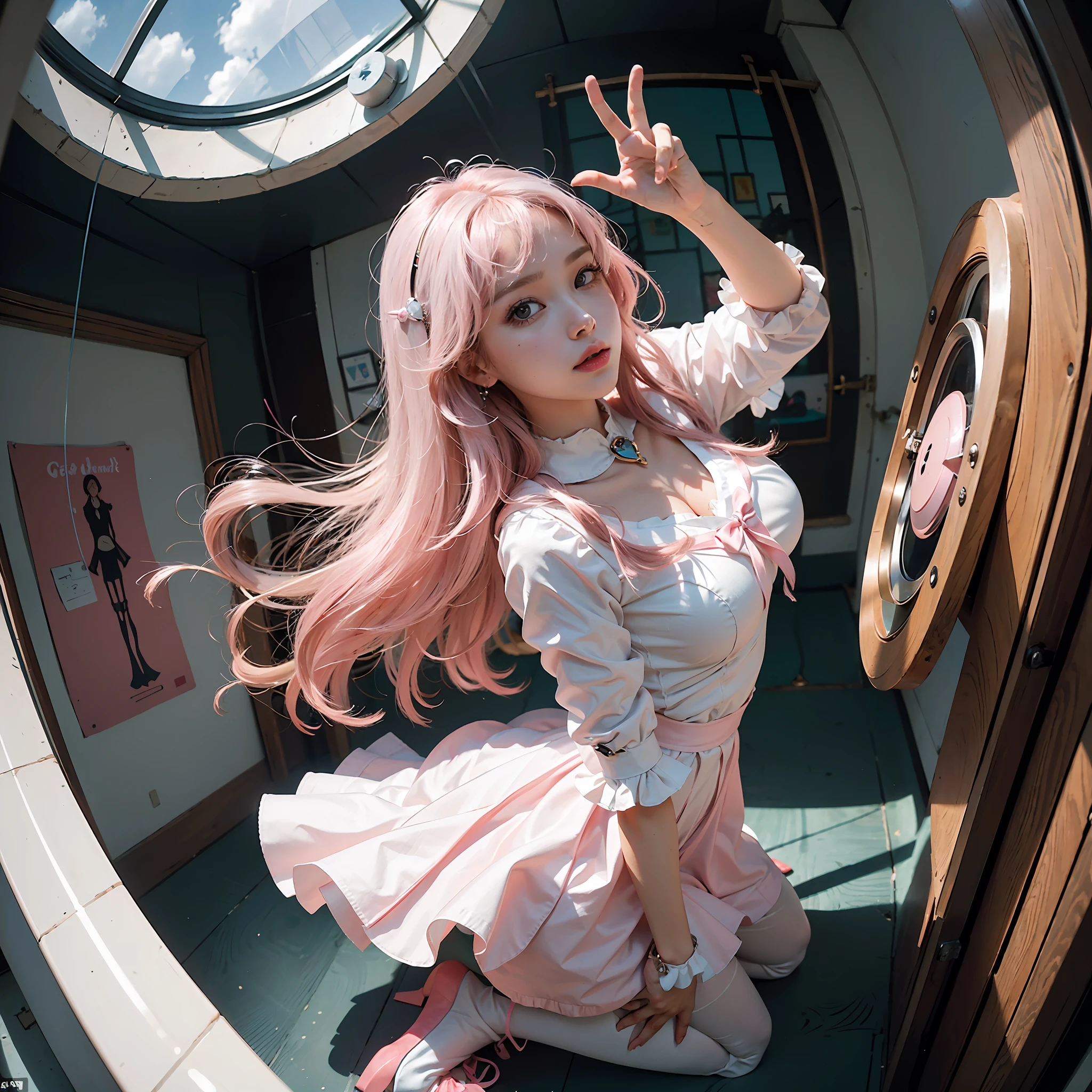 Circular image, (Masterpiece: 1.3), (Best Quality: 1.2), (Masterpiece), High Quality, High Definition, (SOLO: 1.4), (Round Image)), (((Fisheye))), [(White background: 1.1): 5], [(Colorful Toy Store: 1): 5][(Magical Girl Cosplay: 1.2): 5] {1 Girl}, {solo}, (Full body)), {{{Only 5 fingers}}}, ((Good Anatomy: 1.2)), (( Pink)) long hair (pink and (white)), pantyhose, watch the viewer, from above, fairytale, lots of big stuffed animals, retro robots, ((round window))