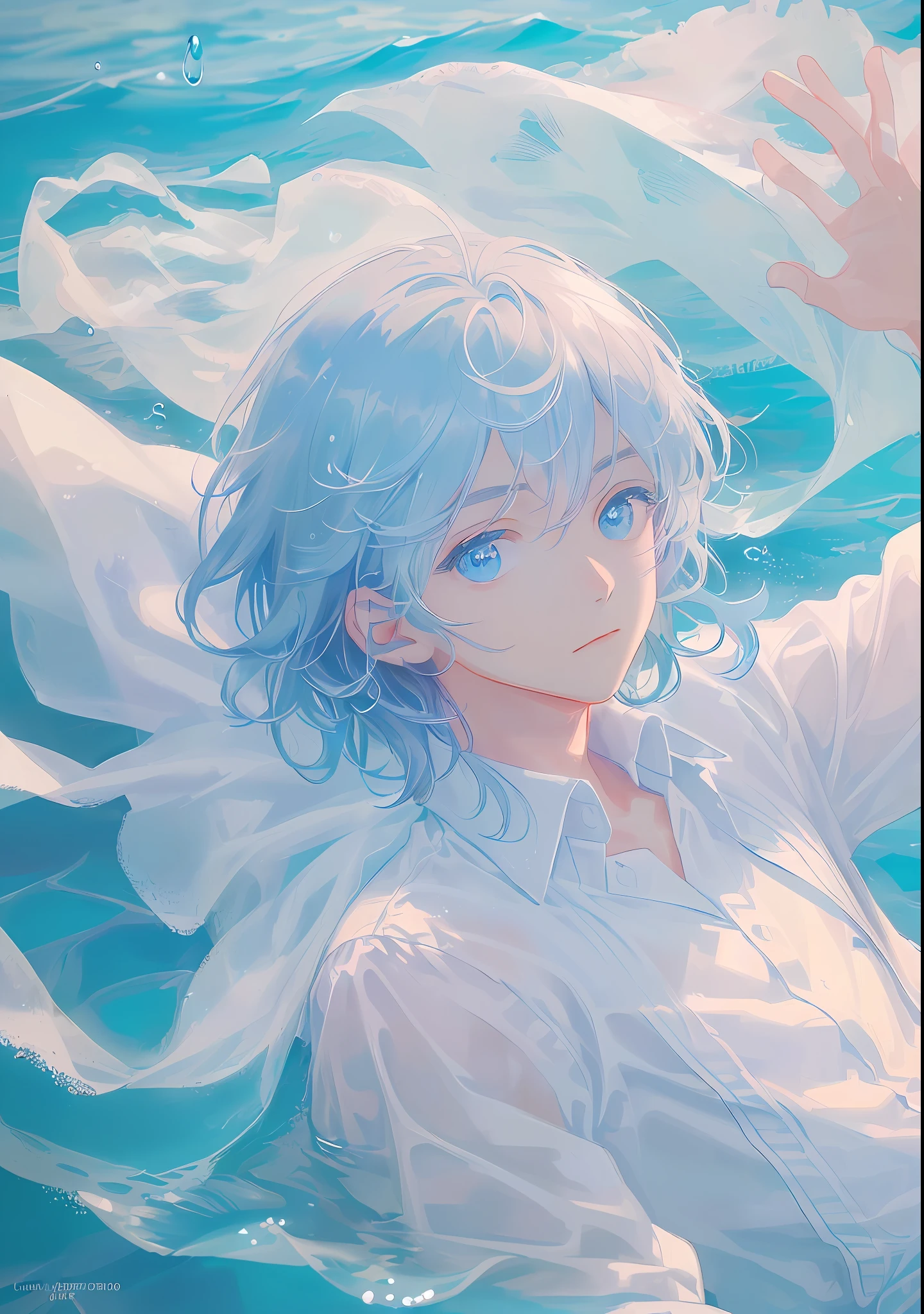 art by Cornflower, dreamy (a boy who was handsome and had beautiful detailed eyes. The depth of field in the photo was perfect, and the lens flare added a nice touch. The finely detailed features of his face really stood out, and the score for this photo was definitely greater than 10. In the background, there was a beautiful ocean with crystal clear water and water droplets on the surface. It was a stunning photo that really captured the beauty of the boy and the water.) (white pants)(soft blue clothes)