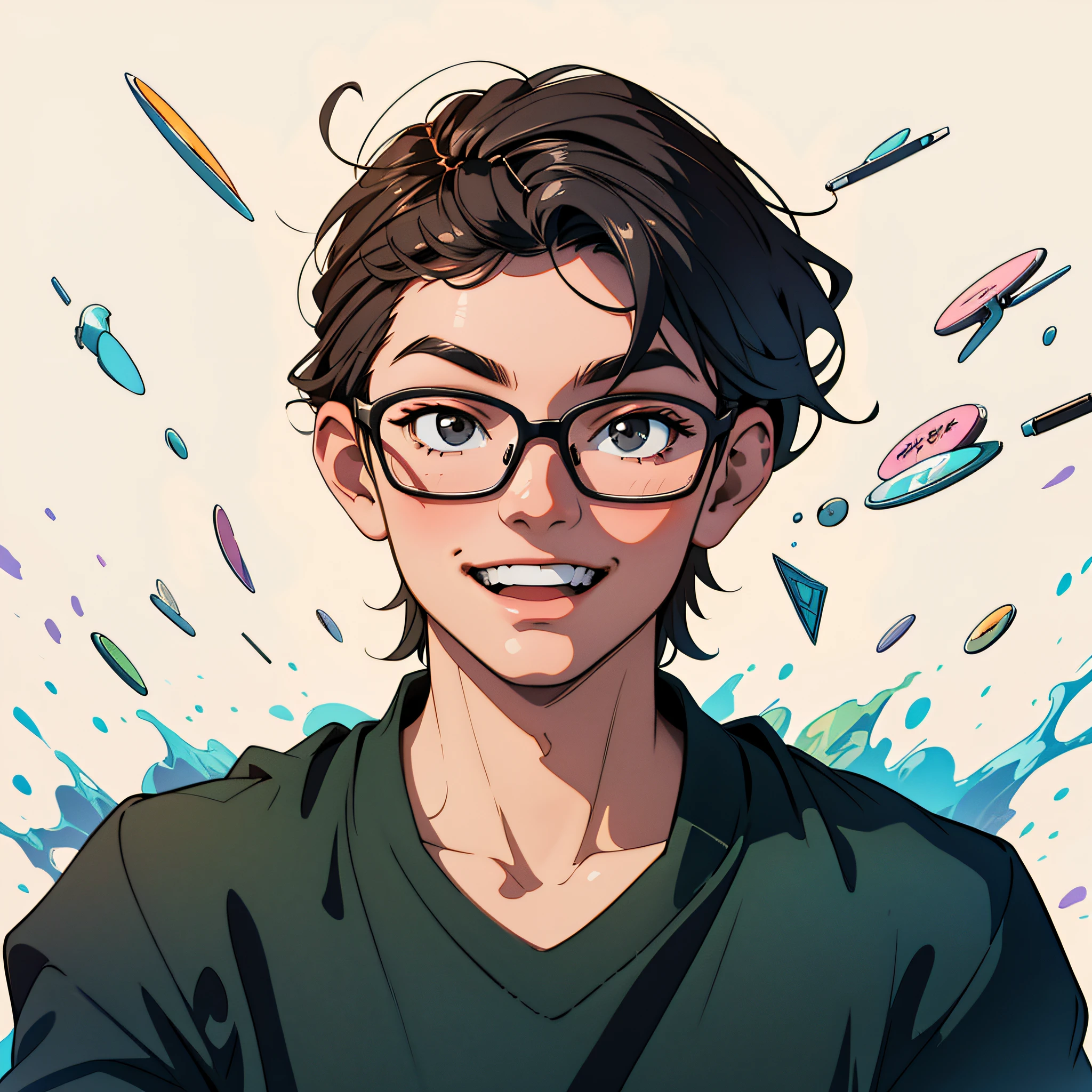 Asian, boy, glasses with clear glasses frames, black t-shirt, smile, youth, looking at the audience, bust photo