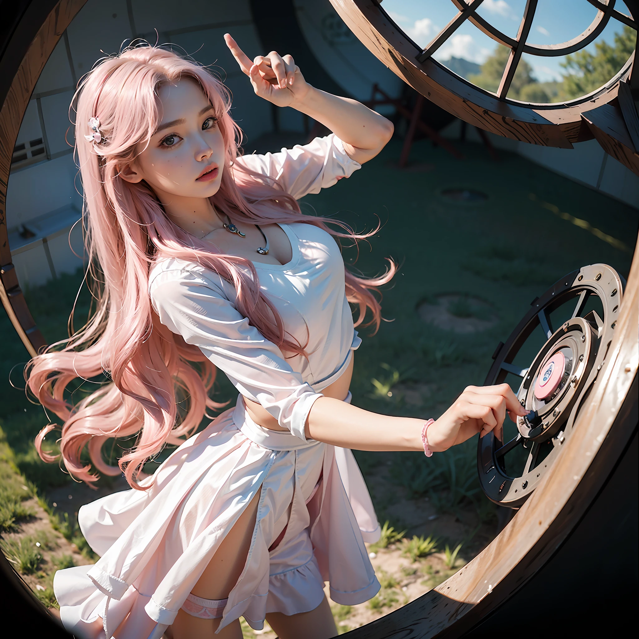 Circular image, (Masterpiece: 1.3), (Best Quality: 1.2), (Masterpiece), High Quality, High Definition, (SOLO: 1.4), (Round Image)), (((Fisheye))), [(White background: 1.1): 5], [(Colorful Toy Store: 1): 5][(Magical Girl Cosplay: 1.2): 5] {1 Girl}, {solo}, (Full body)), {{{Only 5 fingers}}}, ((Good Anatomy: 1.2)), (( Pink)) long hair (pink and (white)), pantyhose, watch the viewer, from above, fairytale, lots of big stuffed animals, retro robots, ((round window))