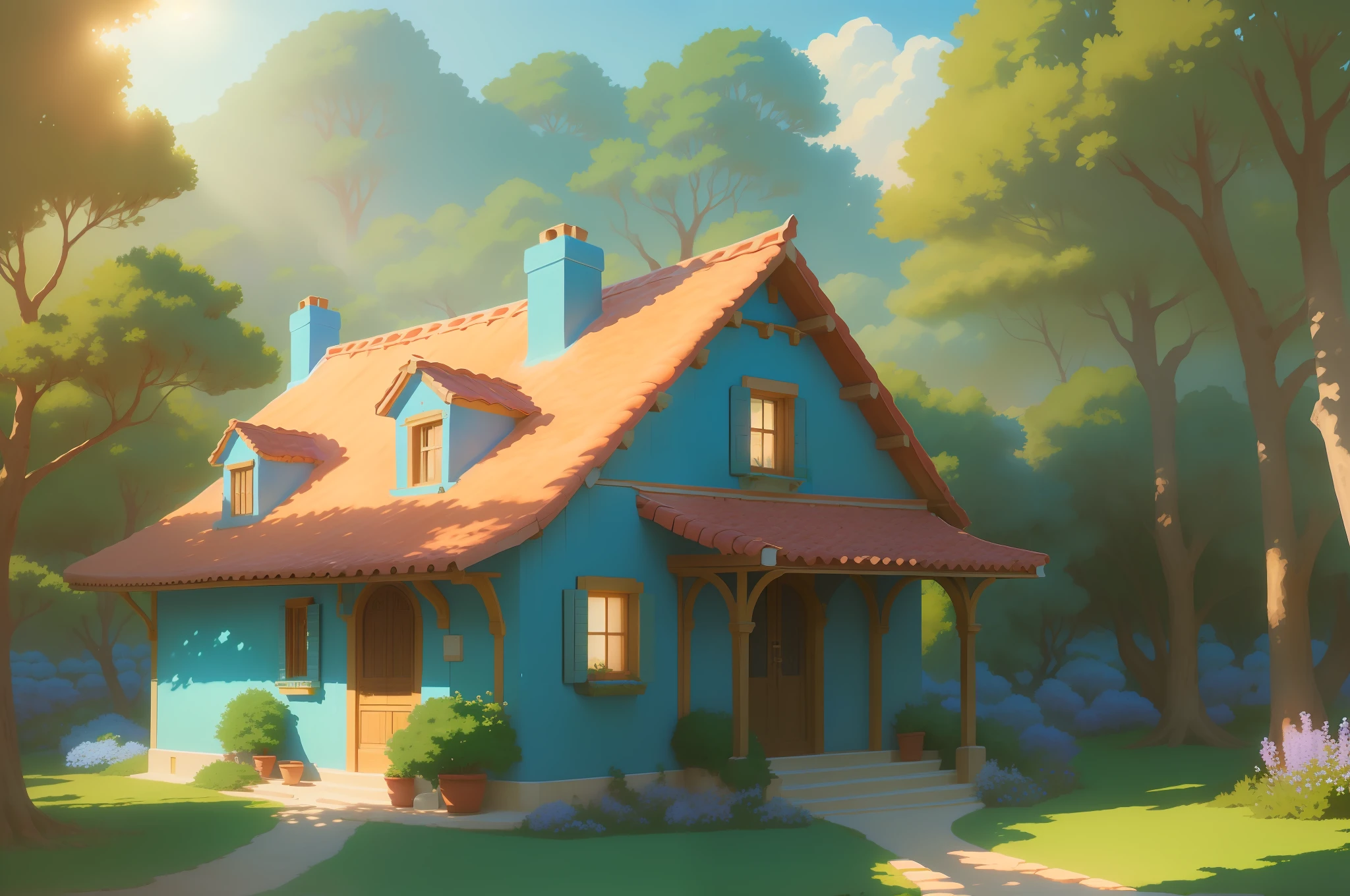 "Smooth and high-resolution 8k UltraHD Mediterranean-style scene with beautiful light blue walls (weighted by 1.2). The scenery is bathed in natural light as if it's a beautiful sunny day. The style is akin to Ghibli's whimsical animation style with an anime twist. Image should be clear without blurs or visual noise."