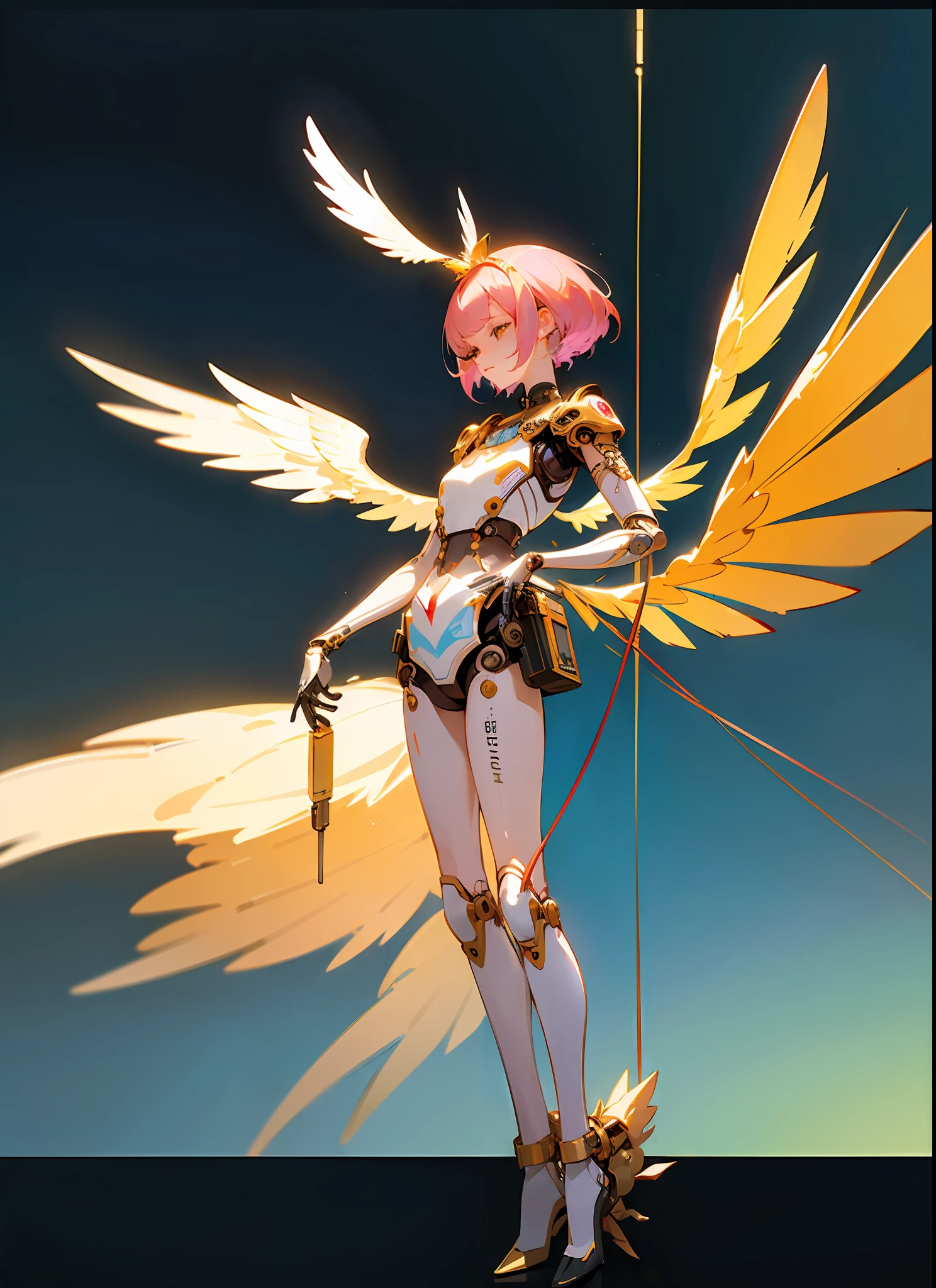 (((Masterpiece)))), (((Best Quality)))), ((Super Detail)), (High Definition CG Illustration), ((Very Delicate and Beautiful))),Cinematic Light,(((1Mechanical Bird Girl))),Solo,(Full body shot: 1.2),(Mechanical joint: 1.2),((Mechanical limb)),(Blood vessel connected to a tube),(Mechanical vertebrae attached to the back),(Mechanical neck worn on the neck)),Mockery,( Wire cable attached to neck: 1.2), (Head wire cable: 1.2), (character focused), science fiction, extreme detail, colorful, supreme detail, rune, feng shui, background