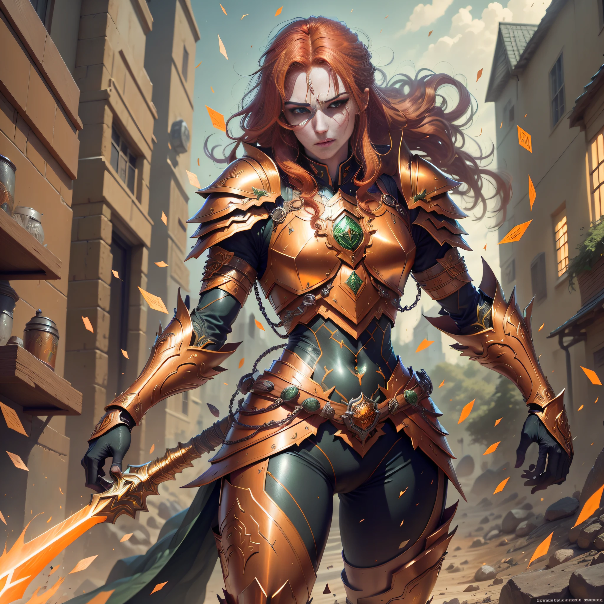 A gorgeous redhead warrior with long hair, green eyes, with orange color metallic armor, orange color metallic workers, orange color metallic armor breastplate, all orange color metallic body armor, a metallic Claymore style sword, ultra detailed, Ray Tracing, sharp, ANIME style, full screen character body