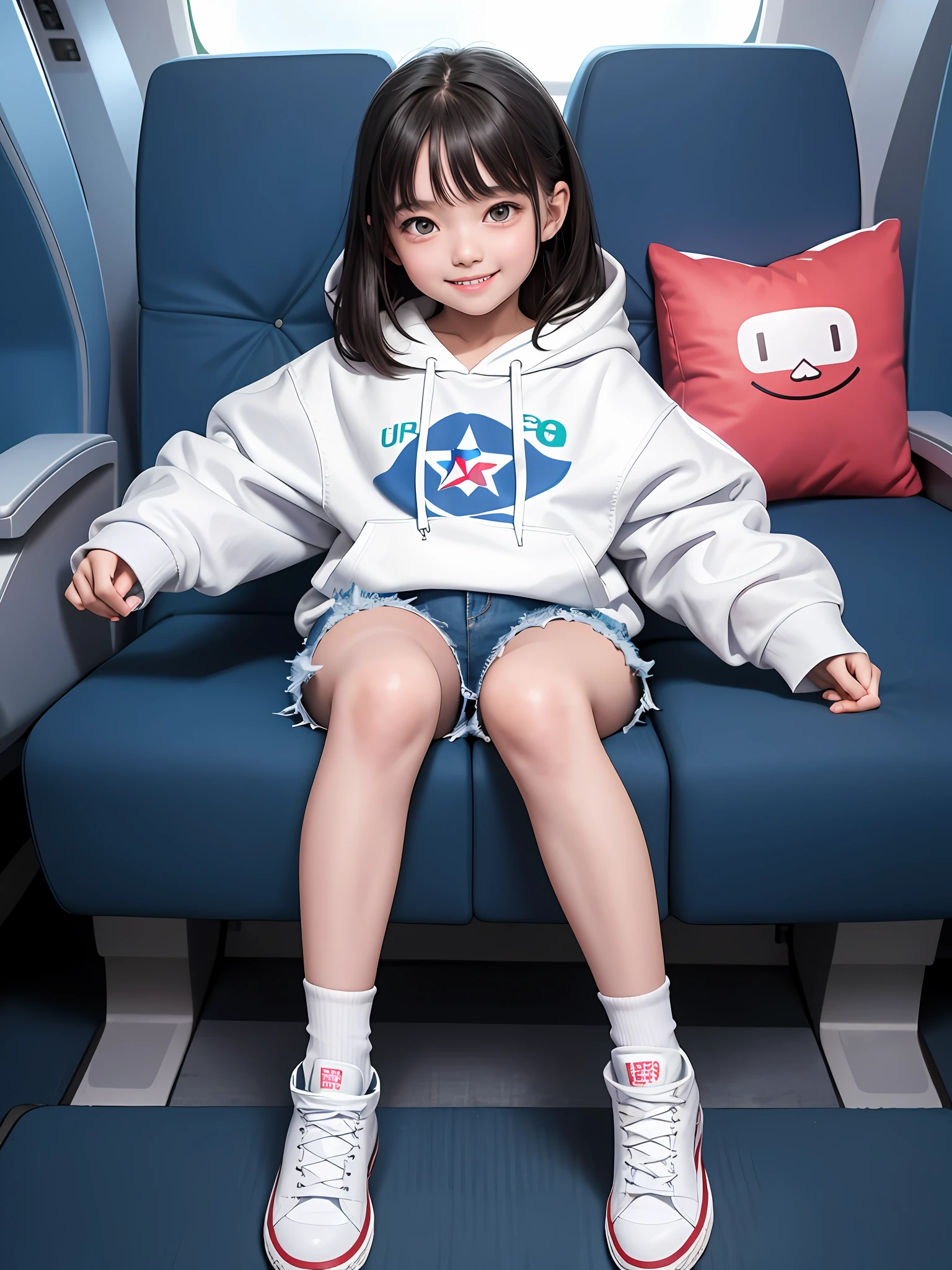 (masterpiece), (best quality), ultra hi res, 8k, extremely detailed CG unity 8k wallpaper, beautiful  girl, child, detailed face, detailed eyes, embarrassed smile, converse shoes, white hoodie, (denim shorts), curvey body, in airplane, air plane interrior, airplane seat, crowded, good lighting, hdr