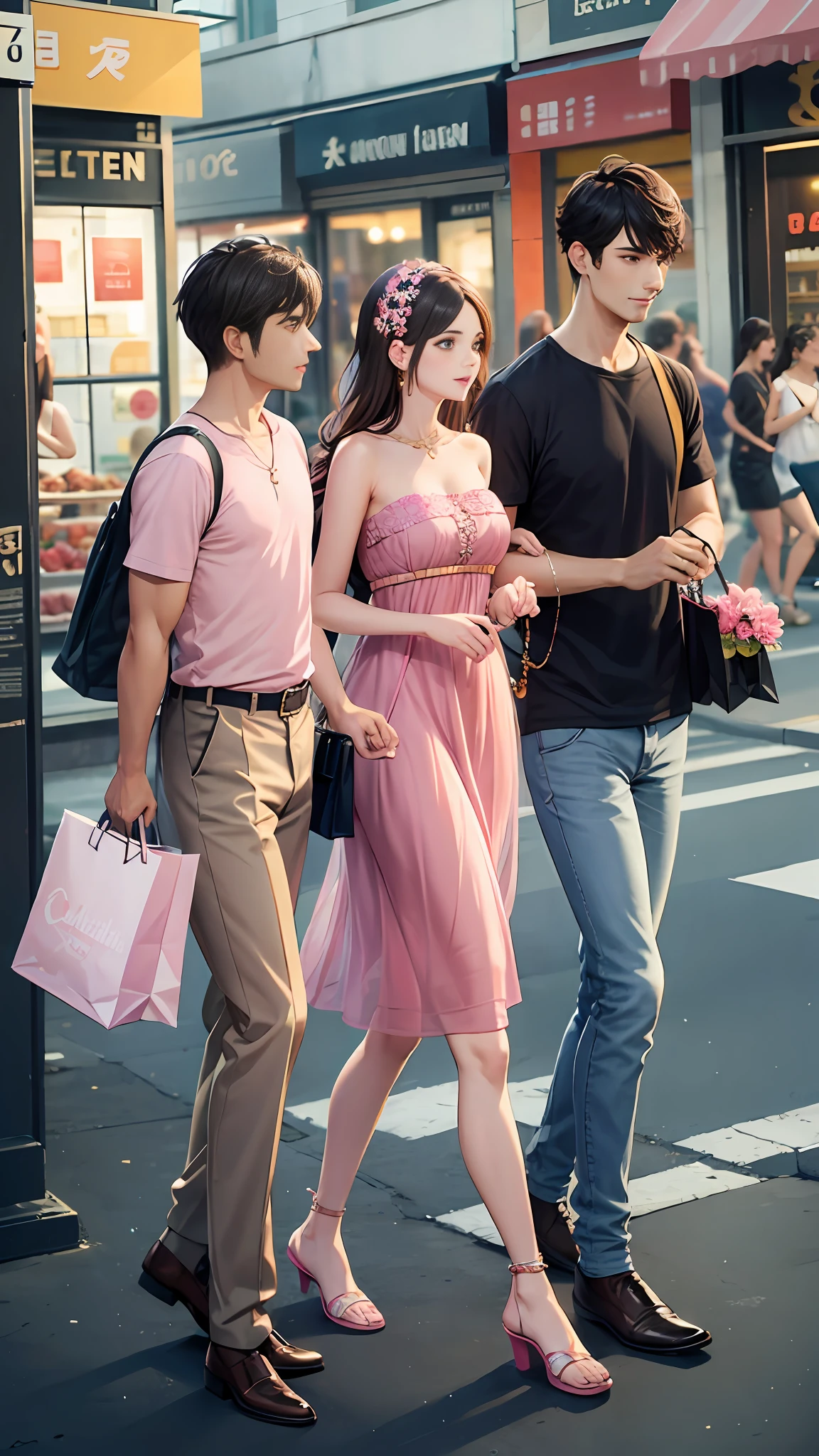 Walking on city streets, a man and a woman, bandeau dress, wearing long gorgeous clothes, wearing pink flower long dress, cute couple, shopping, in the city
