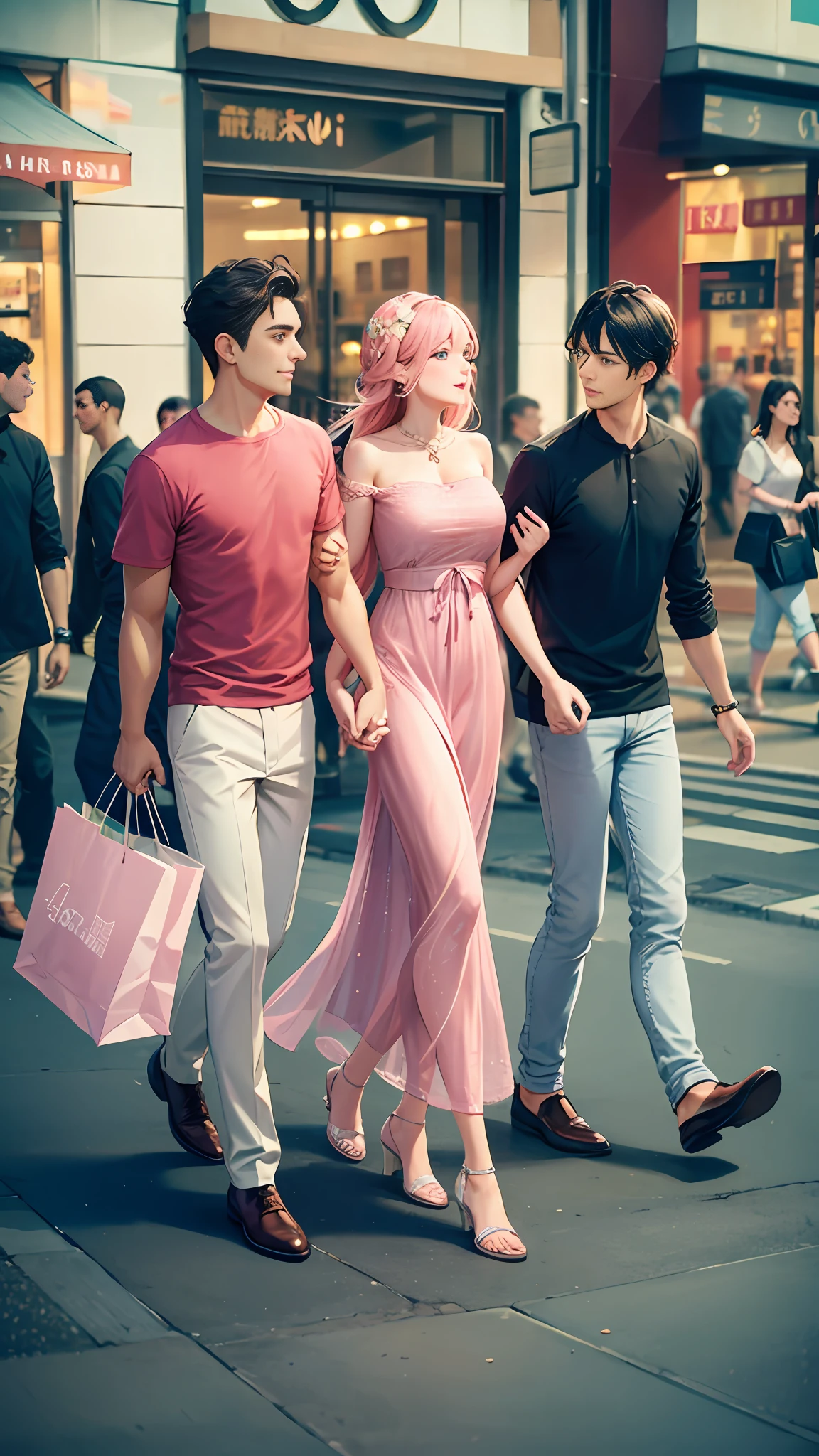 Walking on city streets, a man and a woman, bandeau dress, wearing long gorgeous clothes, wearing pink flower long dress, cute couple, shopping, in the city
