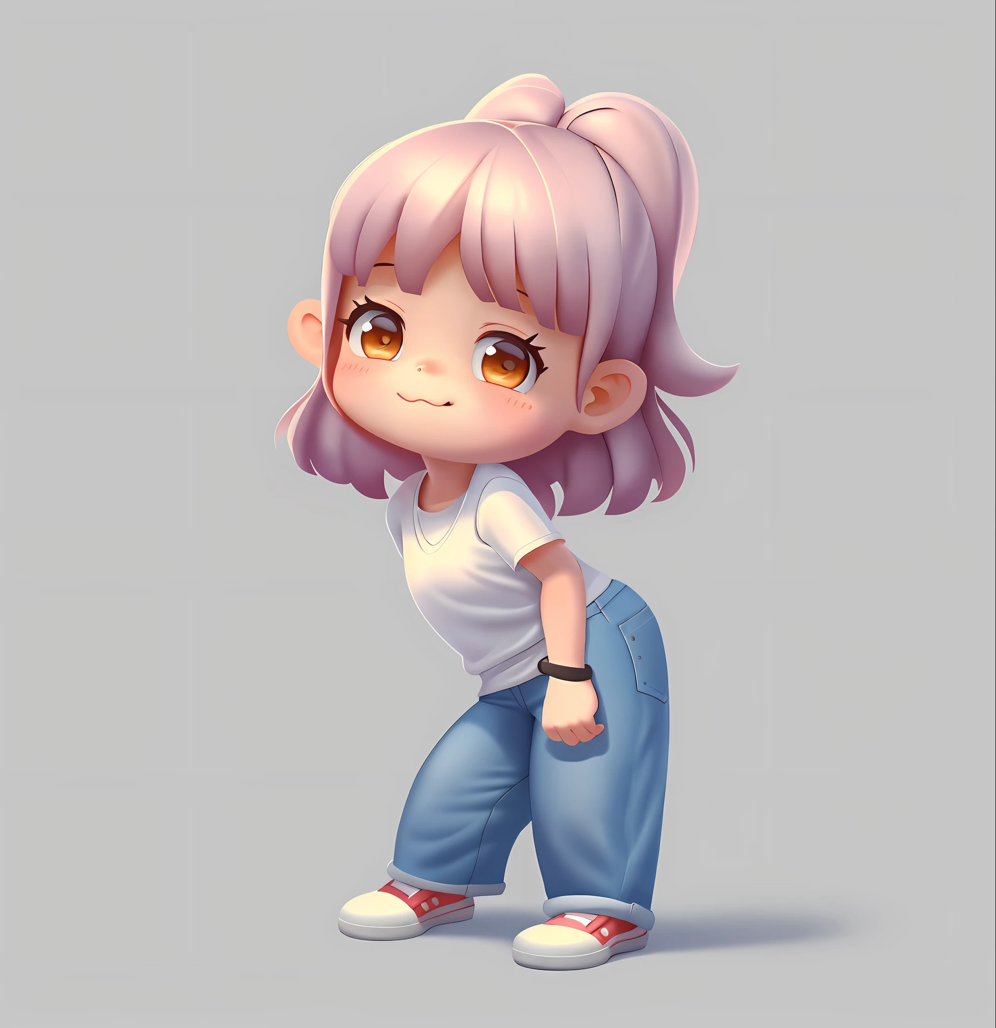 a cartoon girl in jeans and a white shirt is standing, cute cartoon character, character is in her natural pose, cute cartoon style, chibi girl, cute cartoon, cartoonish cute, girl standing, she is dancing. realistic, cartoon style illustration, cute illustration, high quality character design, full body illustration, animation character, full body portrait of a short!
