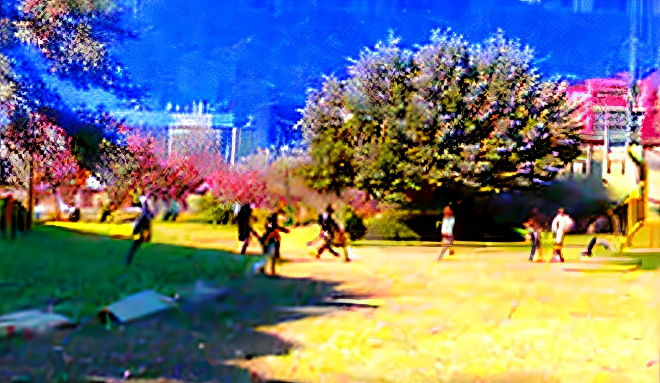 On the playground on the university campus, the sun is shining. The crowd is bustling and students are running and playing happily.