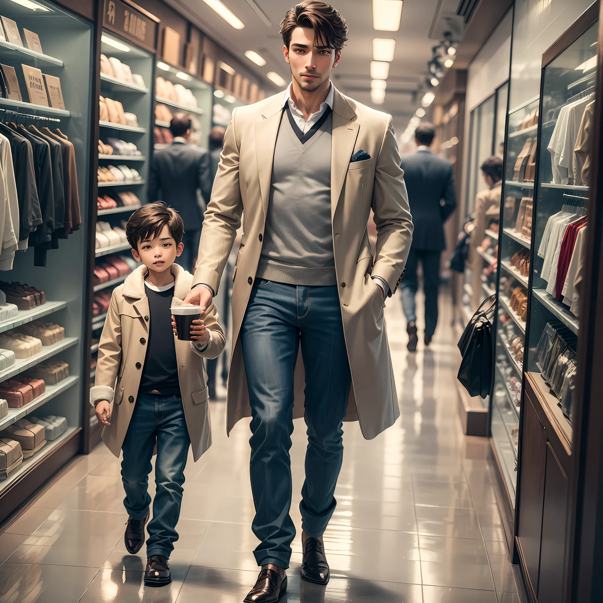 In the center of the picture, a father dressed in fashionable men's clothing walks confidently through the display area of the department store, holding the boy in one hand and a cup of fragrant coffee in the other, his expression reveals his infinite love for the boy. The scene around the father is also full of high-quality male elements, showing his image as a successful and confident family at the helm. The atmosphere of the whole picture exudes a sense of romance and premium, reminiscent of the good times of enjoying life with your father. --auto --s2