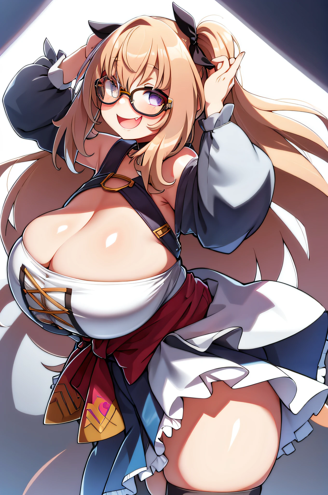 1girl, solo, long hair, glasses, blonde hair, (((giant breasts: 1.3))), large breasts, twin tails, (thighs: 1.2), heavy blush, (thick thighs: 1.3), heavy blush, wide hips, choker, heavy blush, (happy: 1.3), simple background, shiny skin, wet skin, inside, looking at the viewer, (cleavage), ((lewd)), best quality, smiling, white dress, open mouth, fang, short skirt, from back